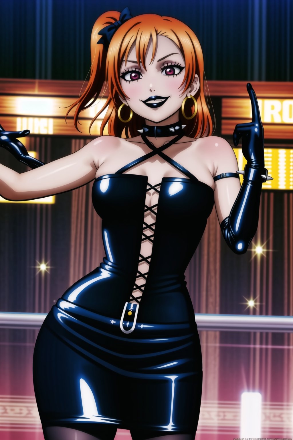 ((best quality)),  ((highly detailed)),  masterpiece,(Black lips:1.4), (white skin:1.4), ((official art)),  detailed face,  beautiful face, (cross-laced clothes:1.3), narrow_waist:1.3, dominatrix:1.4 , (intricate Black dress:1.4), (detailed eyes,  deep eyes),(science fiction, cyberpunk:1.3, street, shopping, pose:1.3, dancing:1.3),((smirk, grin, naughty face, seductive smile, smug)) ,cowboy shot,(lips), kousaka honoka, yellow hair bow, one side up, orange hair,  medium hair, (red eyes:1.3),   (spiked bracelet), corset:1.4, (black hoop earring:1.3), curvaceous, voluptuous body, (makeup:1.5) (lips:1.3), (latex:1.3),  (black tube top:1.2), gloves,elbow gloves, skirt, black choker, pencil skirt, pantyhose, miniskirt, (black skirt), black gloves, black legwear, black nails,large breasts:1.2, (intricately detailed, hyperdetailed), blurry background, depth of field, best quality, masterpiece, intricate details, tonemapping, sharp focus, hyper detailed, trending on Artstation, 1 girl, solo, high res, official art,RockOfSuccubus,kousaka honoka,honoka kousaka,<lora:659111690174031528:1.0>