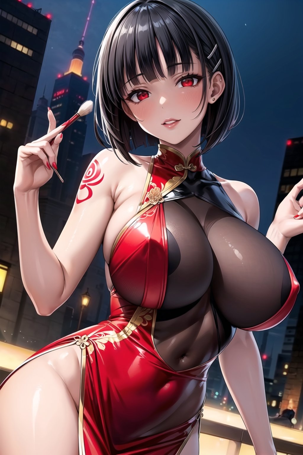 (best quality), (highly detailed), masterpiece, (official art),(suguha, short hair, black hair, bob cut, hairclip, hair ornament, blunt bangs),,red lips, lips:1.3, huge brest, makeup:1.4,(((black hair, wavy hair, red dress, red eyes,red china dress))), ((bare shoulder,sleeveless,latex,bodysuit)),,looking at viewer, china, asiática, city, night, sky, (intricately detailed, hyperdetailed), blurry background,depth of field, best quality, masterpiece, intricate details, tonemapping, sharp focus, hyper detailed, trending on Artstation,1 girl, high res, official art,chinese dress,tattoos