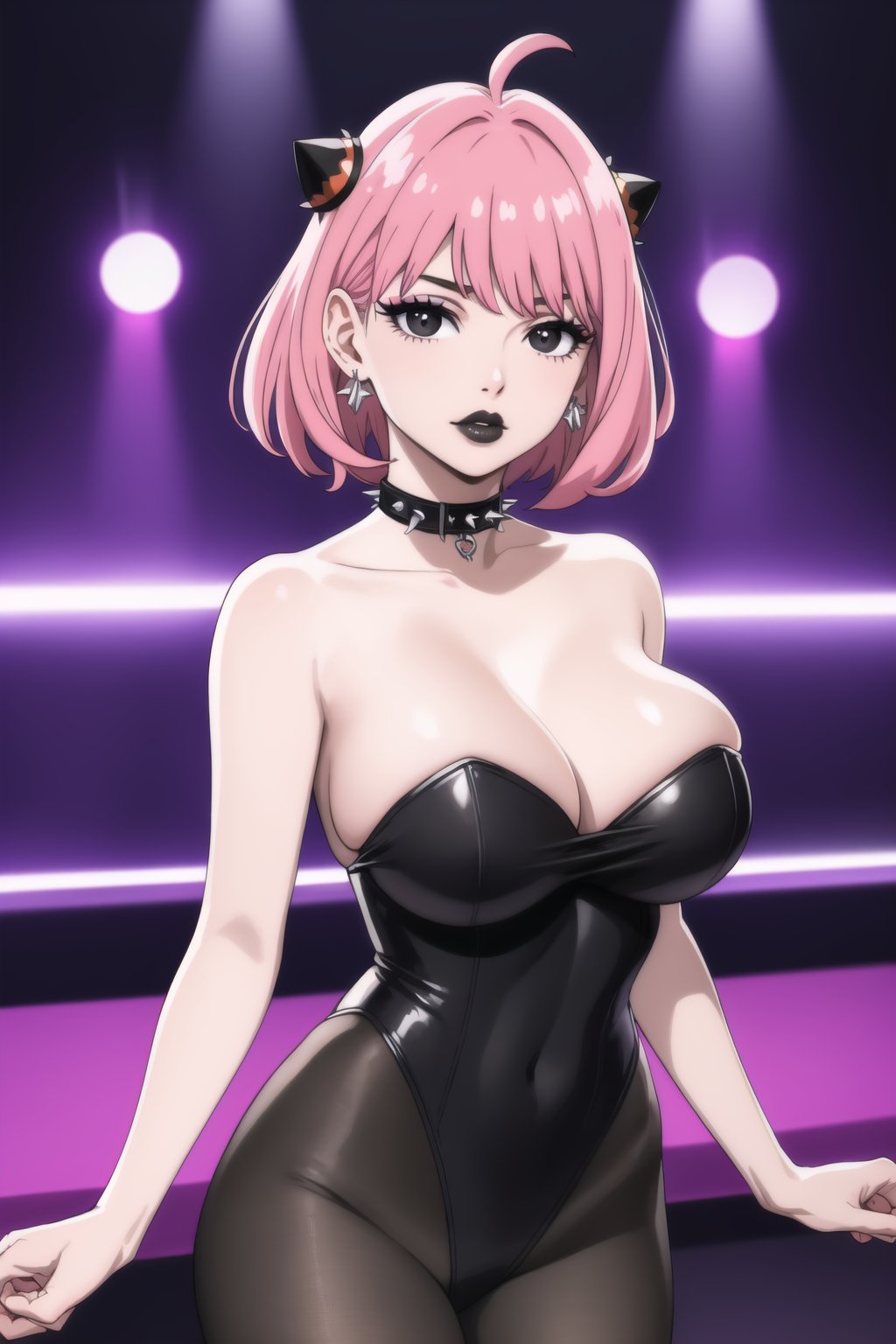 (best quality), (highly detailed), masterpiece, (official art),  ,anya forger:1.3,ahoge, hair ornament,( anya, hair ornament, pink hair, short hair),Earrings,   gem earring:1.2,black_earrings, lips:1.2, black lips:1.4, makeup:1.2, lipstick:1.2, spiked collar:1.2, makeup, black eyes:1.2, ,black_leotard, leotard:1.3,strapless:1.2, pantyhose,lips, cowboy shot, large breast, looking at viewer, (/nightclub scene, neon lights)), , club, (nigth club), ,hd quality, perfect face ,realistic, realistic body , perfect face sync,night club,StandingAtAttention,marinette,night club,b1mb0, dancing:1.2