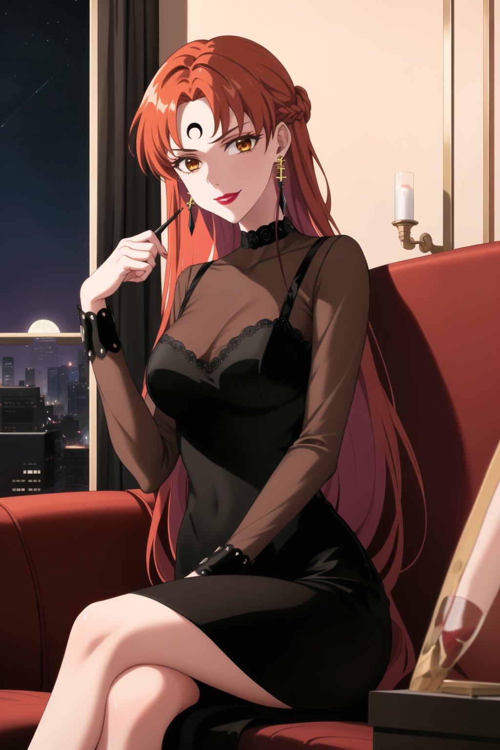 (best quality), (highly detailed), masterpiece, (official art), makeup, ((black moon, forehead mark, crescent facial mark, black crystal earrings)), jewelry, aged up, evil smile, lips, lipstick, asuna yuuki, long hair, orange hair, red hair, brown eyes, looking at viewer,  dress, jewelry, see-through, facial mark, moon,  aged up, forehead mark, crescent facial mark, crystal earrings,  sitting, crossed_legs_(sitting),
Modern luxury lounge with dim lighting, featuring sleek black leather sofas, glass tables, and soft ambient lighting from wall sconces. A large window in the background reveals a city skyline at night, adding a touch of sophistication to the scene,