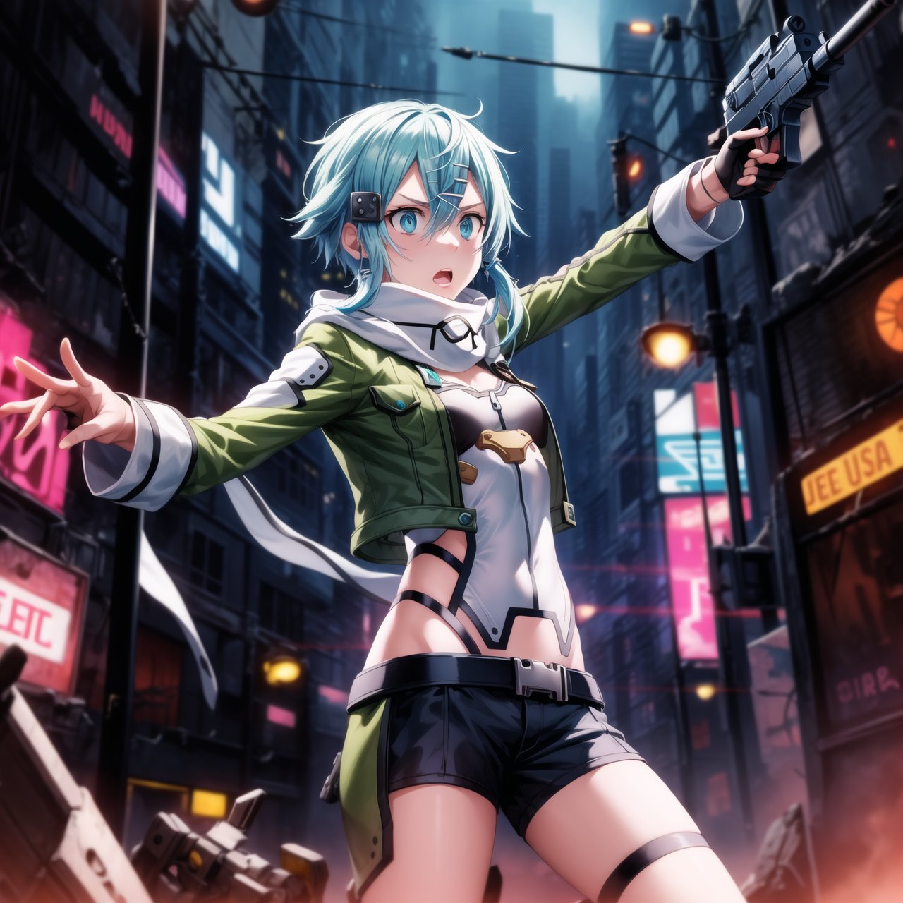 ((Best quality)), masterpiece, Sinon1, (surprised:1.5), lips, aiming at viewer, holding pistol, ((Sinon, cyberpunk, hair ornament, hairclip)), ((arms outstretched, pose)), 1girl, bangs, belt pouch, black gloves, black shorts, blue eyes, blue hair, fingerless gloves, green jacket, green legwear, gun, hair between eyes, hair ornament, hairclip, highres, jacket, long sleeves, outdoors, handgun, scarf, shadow, short hair, short hair with long locks, short shorts, shorts, sidelocks, Sinon, pistol, solo, sword art online, weapon, Anime illustration, post-apocalyptic cyberpunk setting, cowboy shot.

Sinon is on her knees, out of breath and agitated, with a surprised expression, lips slightly parted, as she senses something or someone behind her. She is holding her handgun, arms outstretched, aiming it at the viewer but glancing over her shoulder with wide eyes. The background features a ruined cityscape with neon signs, broken buildings, and flickering lights, enhancing the cyberpunk atmosphere. The scene is lit with a mix of neon glows and dark shadows, emphasizing the chaotic and dystopian environment, reinforcing the tension and her heightened sense of alertness.