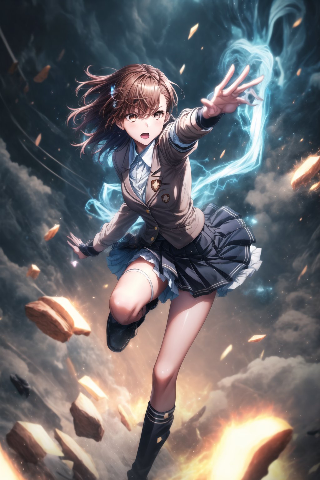 1girl, mikoto_misaka, short hair, brown hair, brown eyes, school_uniform, skirt, electricity, high-speed_movement, dashing_forward, body in motion, electric currents trailing behind her, fast movement, intense focus in her eyes, wind blowing through her hair, sparks flying off her feet as she moves, dynamic pose with one arm extended, GFX elements: motion blur on her body, glowing electric trails, neon blue lightning following her path, electric arcs cracking through the air, high-speed distortion, particles floating in the energy trail, glowing flares from her movement, debris lifting from her path, high contrast between shadows and light, electric sparks reflecting off nearby surfaces, intense cinematic energy,aamikoto