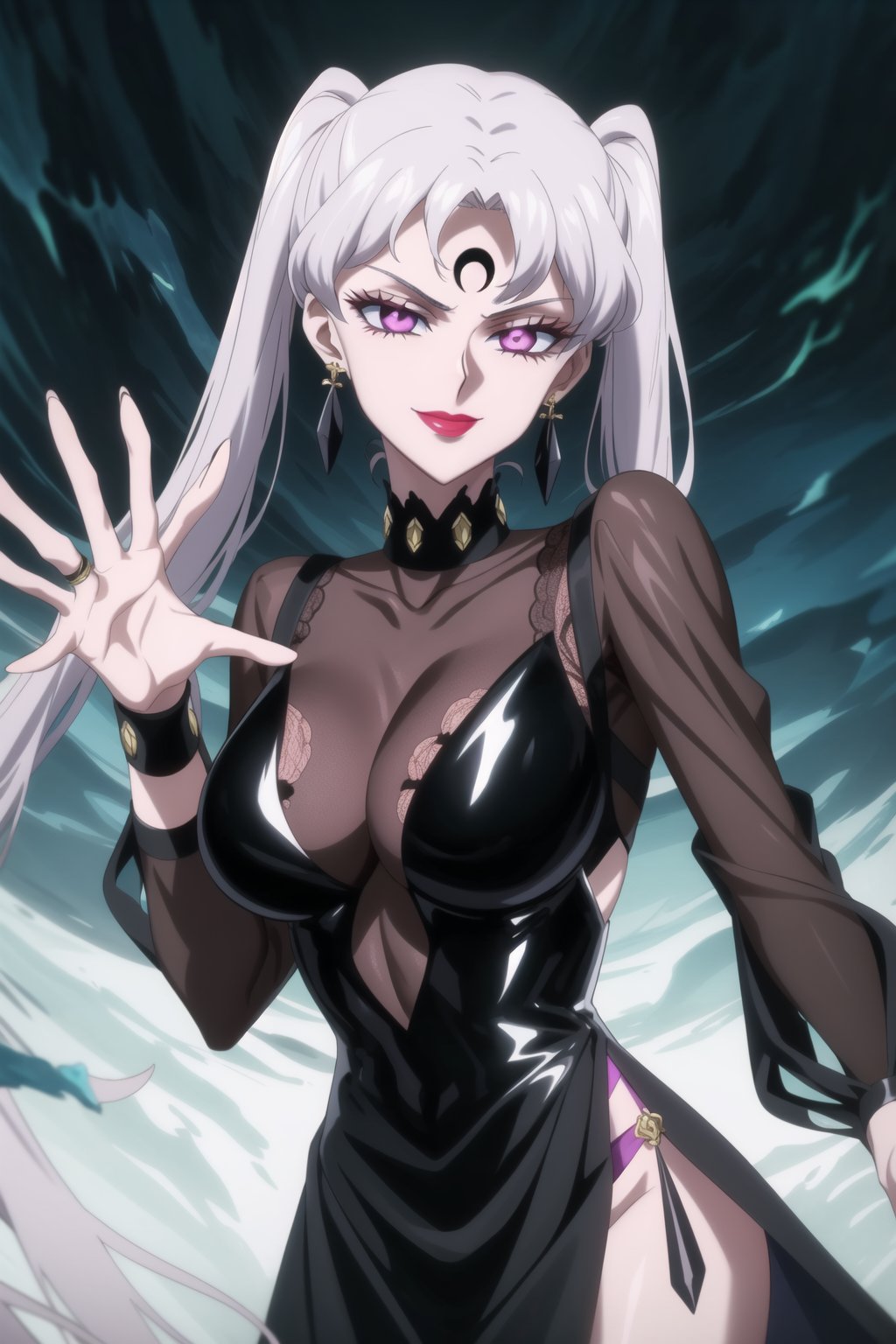 evil smile, red eyes, jewelry,  earrings, makeup, facial mark, lipstick,  forehead mark, crescent facial mark, black crystal earrings,crescent, , dress,black dress, see-through,,side slit, noelle_silva,silver hair,twintails,bangs,purple eyes
(best quality), (highly detailed), masterpiece, (official art), A dark and mysterious female character inspired by classic anime style,  She has a cold, expressionless face with pale skin and dark, bold lips, giving her a commanding and intimidating presence.  The overall atmosphere is dark and mysterious, with a sense of power and control emanating from her poised stance.,