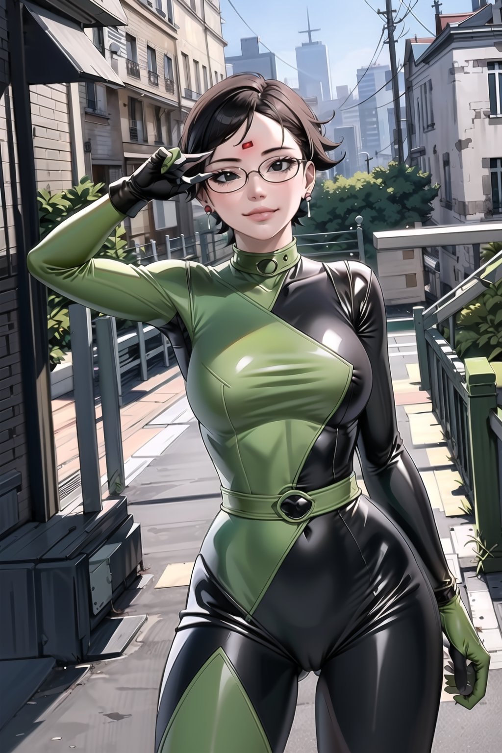 ((best quality)),  ((highly detailed)),  masterpiece,  ((official art)),  sarada, black eyes, glasses, collar, earrings, jewelery, (microchip), cyberpunk, paris, ruin, water drop, (shegosuit), green bodysuit, latex ,smile, lips, pose, cowboy_shot, scenery, intricately detailed,  hyperdetailed,  blurry background, depth of field,  best quality,  masterpiece,  intricate details,  tonemapping,  sharp focus,  hyper detailed,  trending on Artstation, 1 girl,  high res,  official art