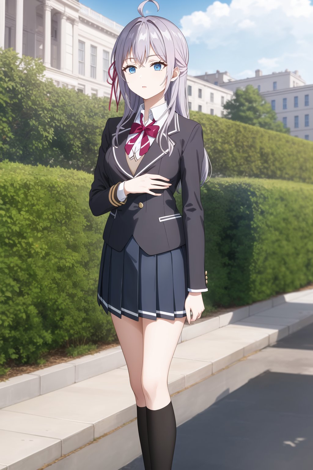 (best quality), (highly detailed), masterpiece, official art, Alya, now transformed into an elegant honor student at a prestigious girls' academy. Her long grey hair is perfectly styled with an ahoge still present but neatly maintained, and a hair ribbon tied neatly in a bow. Her blue eyes now appear calm and focused, with a warm, refined expression. She’s wearing an elegant school uniform: a tailored blazer, crisp white shirt, a pleated skirt, and polished shoes, standing with perfect posture, hands gracefully clasped in front of her. The background is a bright, sophisticated campus with well-maintained gardens and classical architecture, reflecting the high status of the academy.

(elegant school uniform, refined expression, polished appearance, prestigious school setting, sophisticated atmosphere)