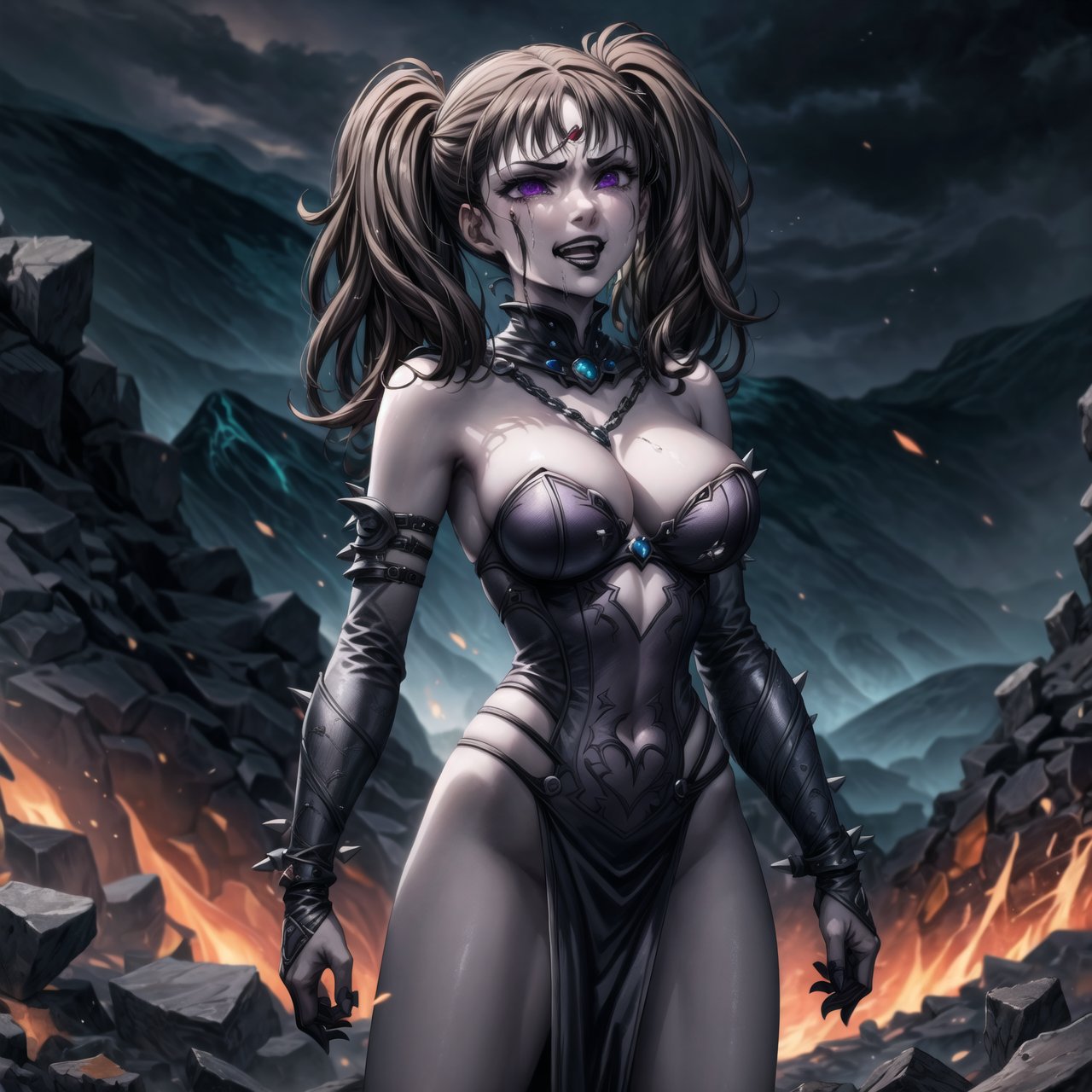 A dark, hellish landscape unfolds as Diane, once a loyal warrior, now succubus to Elizabeth's will, stands ready for battle. Her twintails and bangs frame her sinister purple eyes, while black lips curve into a wicked smile. She wears revealing dark armor adorned with infernal symbols and spikes, its red and black highlights matching the malevolent atmosphere. Amidst rivers of lava and jagged rocks, tormented souls cry out in agony as Diane's posture exudes unwavering loyalty to her cruel queen.