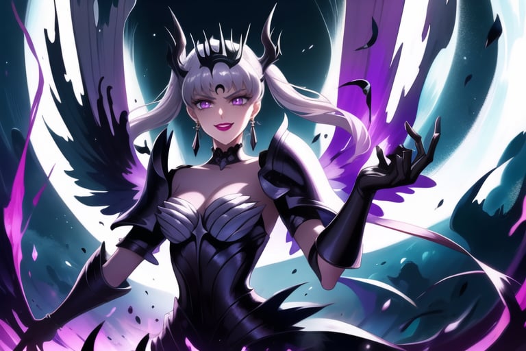 Here is a high-quality prompt for generating an image:

Official art masterpiece by noelle_silva,silver hair,twintails,bangs,purple eyes, Dark Thunder, aged up, poses confidently with silver hair flowing in the darkness. Her evil smile spreads across lips painted with bold lipstick, as she summons dark electricity to attack her foe. She wears retro-inspired armor, gloves, and jewelry, including black crystal earrings and a choker. A crescent-shaped facial mark glows ominously on her forehead. In the background, a subtle hint of a black moon casts an eerie shadow, further emphasizing her malevolent aura. Armor, wings, Holdibg a Dark Sword while charge a energy attack,