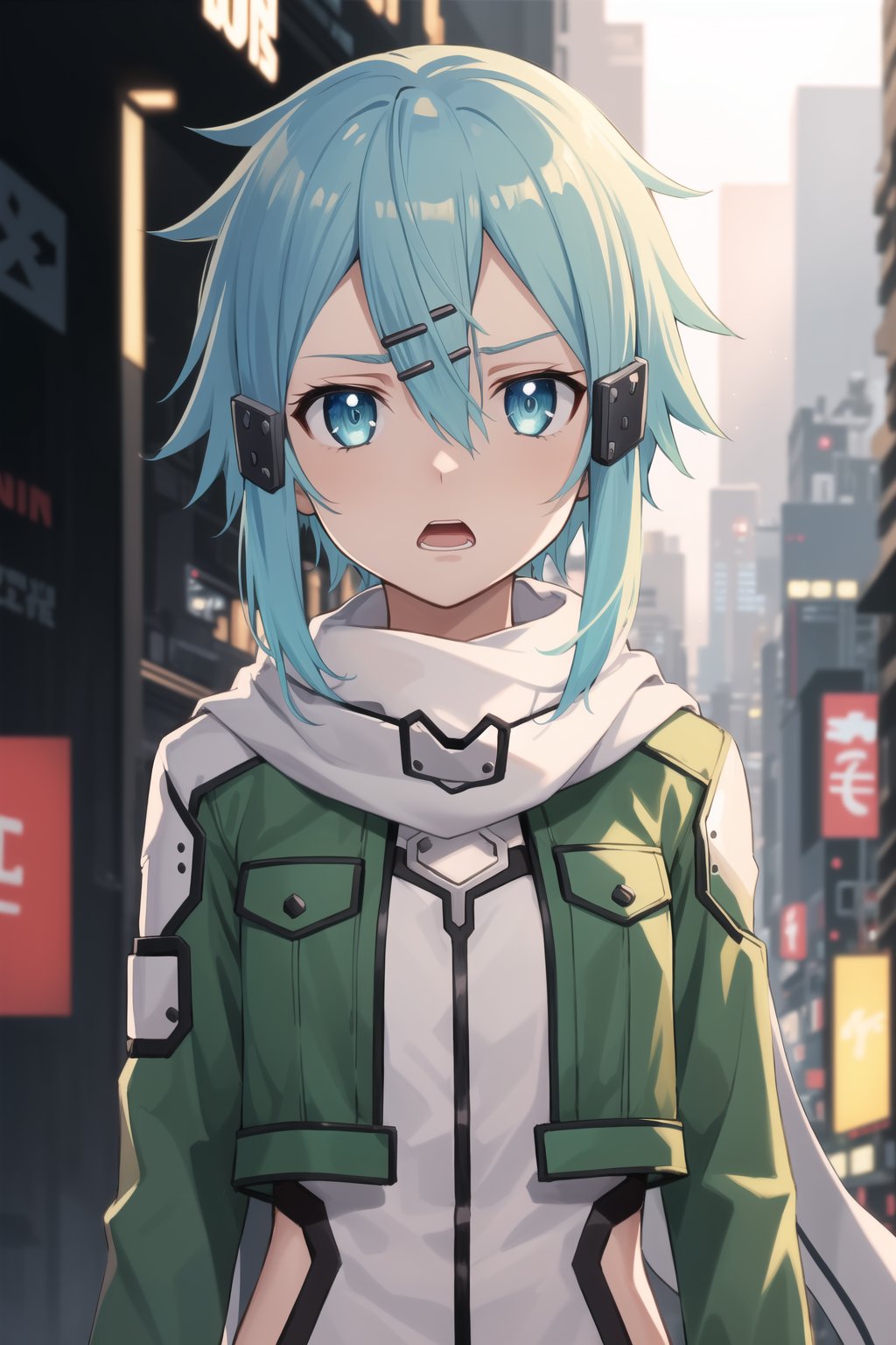 (best quality), (highly detailed), masterpiece, (official art), ((sinon1, cyberpunk, hair ornament, hairclip)), 1girl, upper body, bangs, blue eyes, blue hair, blurry, blurry background, fingerless gloves, green jacket, hair between eyes, hair ornament, hairclip, highres, jacket, long sleeves, outdoors, scarf, short hair, short hair with long locks, sidelocks, signature, sinon, solo, darkness, sword art online, turning head, ((open eyes, shocked expression,fear, horror, fear:1.2)), open mouth, 
