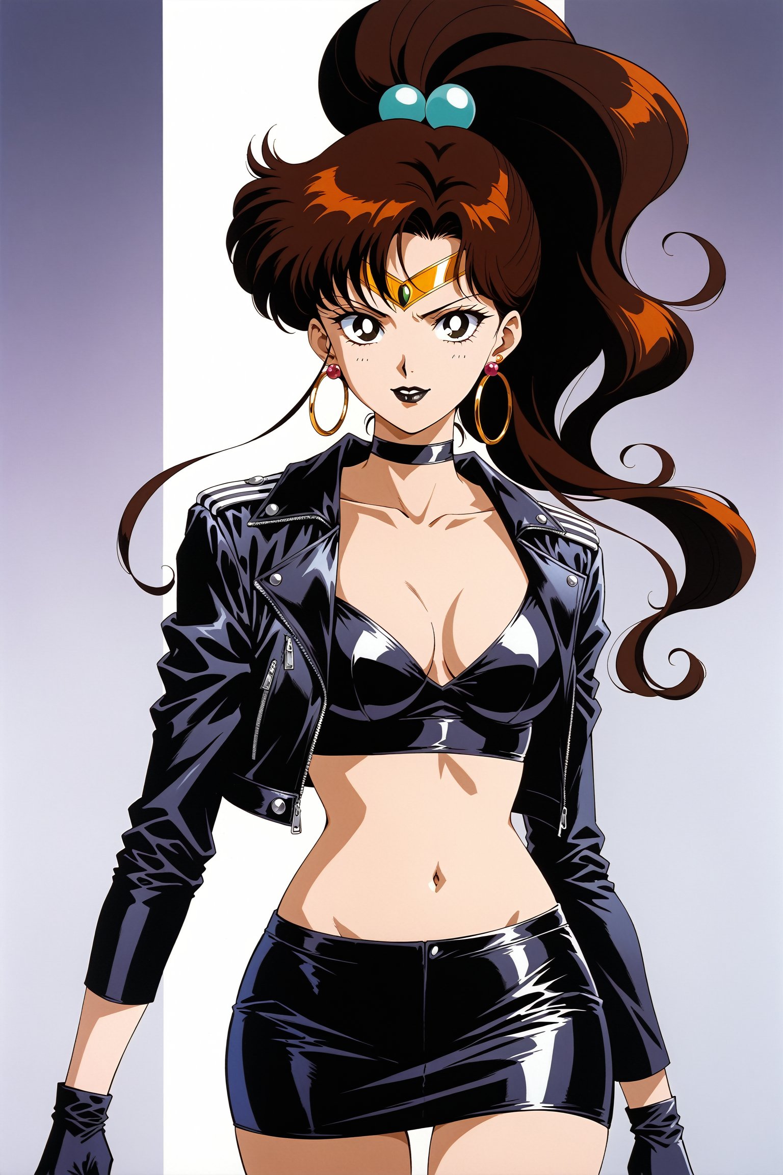 (masterpiece, best quality, very aesthetic, ultra detailed), lips, black lips:1.2, evil smile, evil, villain, corrupted, dark persona,intricate details, 4k, aajupiter, long hair, brown hair, ponytail, hair bobbles,, black gloves, black jacket:1.2, black skirt:1.2, breasts, cleavage, closed mouth, collarbone, cowboy shot, ((black crop top)), hoop earrings, fingerless gloves, gloves, highres, black leather jacket, jewelry, , medium breasts, midriff, miniskirt, navel, pencil skirt, skirt, solo, standing, stomach, striped, striped bow, thigh strap,((retro anime style, detailed retro anime)),  