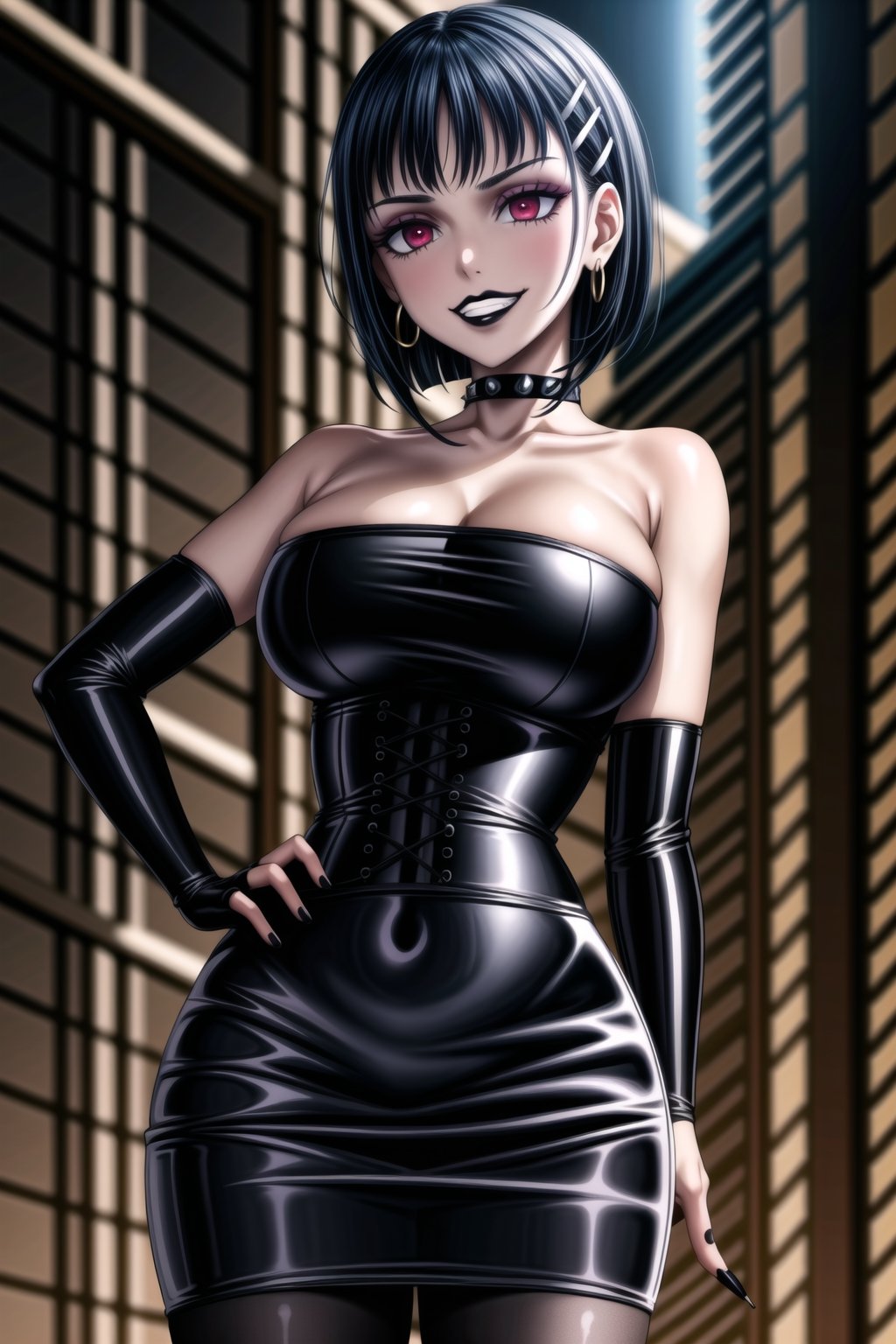 ((best quality)),  ((highly detailed)),  masterpiece,(Black lips:1.4),  ((official art)),  detailed face,  beautiful face, narrow_waist:1.3 , (intricate Black dress:1.4),(detailed eyes,  deep eyes),(science fiction, cyberpunk:1.3, street, shopping, dark background),((smirk, grin, naughty face, seductive smile, smug, arm behind head, hand_on_own_hip, head_tilt)),, ,cowboy shot,(lips), ,kirigaya suguha, blunt bangs, short bangs, black hair:1.3, short hair, hair ornament, hairclip,(red eyes),  cross-laced clothes, (spiked bracelet), corset:1.4,chinese dress:1.2, hoop earring, curvaceous, voluptuous body, (makeup:1.3) (lips:1.3), (latex),  (black tube top:1.2), gloves, fingerless gloves, skirt, black choker, belt, pencil skirt, pantyhose, miniskirt, (black skirt), black gloves, black legwear, black choker, Black nails,large breasts, conspicuous elegance, snobby, upper class elitist, possesses an arroaant charm. her Dresence commands attention and enw, (intricately detailed, hyperdetailed), blurry background, depth of field, best quality, masterpiece, intricate details, tonemapping, sharp focus, hyper detailed, trending on Artstation, 1 girl, solo, high res, official art,RockOfSuccubus,<lora:659111690174031528:1.0>