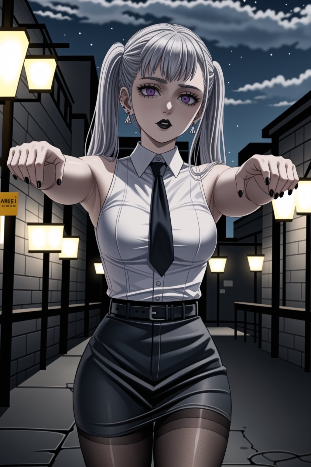 ((best quality)),  ((highly detailed)), ((zombie walk, mind control, looking away:1.2)),  masterpiece,1girl, 1girl, (lips) , (black lips:1.2) ,nail polish, solo,  alternate_costume, (white shirt), necktie, shirt, sleeveless_shirt, collared shirt, pencil_skirt, high_waist_skirt, belt, black_skirt,  miniskirt, black_legwear, pantyhose,  (earrings), black nails, looking at viewer, standing, cowboy shot, bar,outdoor,lamp,nigth,space, office:1.3 ,noelle_silva, silver hair,purple eyes, twintails, bangs, earrings, jewelry,,,,zombie walk,<lora:659111690174031528:1.0>