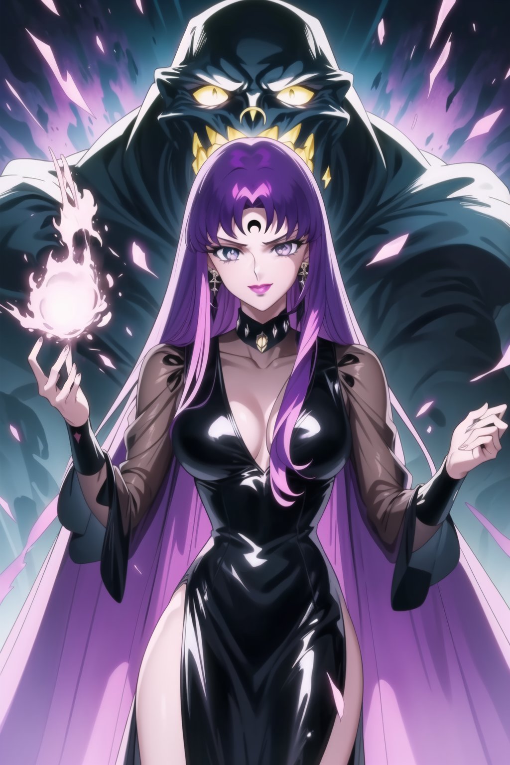 (best quality), (highly detailed), masterpiece, (official art), Saori Kido, long hair, purple hair, purple eyes, makeup, ((forehead mark, crescent facial mark, black crystal earrings)), aged up, evil smile, lips, lipstick, posing, anime coloring, ((black dress, long sleeves, see-through)), pink dress, side slit, A dark and mysterious female character inspired by the style of classic anime. She has an evil face with an evil smile, giving her an imposing and intimidating presence. The overall atmosphere is dark and mysterious, with a sense of power and control emanating from her posture.,