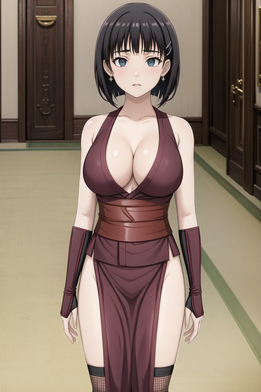 masterpiece,best quality,highres,ultra-detailed,suguha, short hair, black hair, bob cut, hairclip, hair ornament, blunt bangs,, empty eyes:1.3,  breasts,  solo, ninja, cleavage, thighhighs, pelvic curtain, gloves, fishnets, large breasts, japanese clothes,  bare shoulders, sash,  (indoors:1.2), (royal room:1.2), (latex), standing, StandingAtAttention,b1mb0,night club