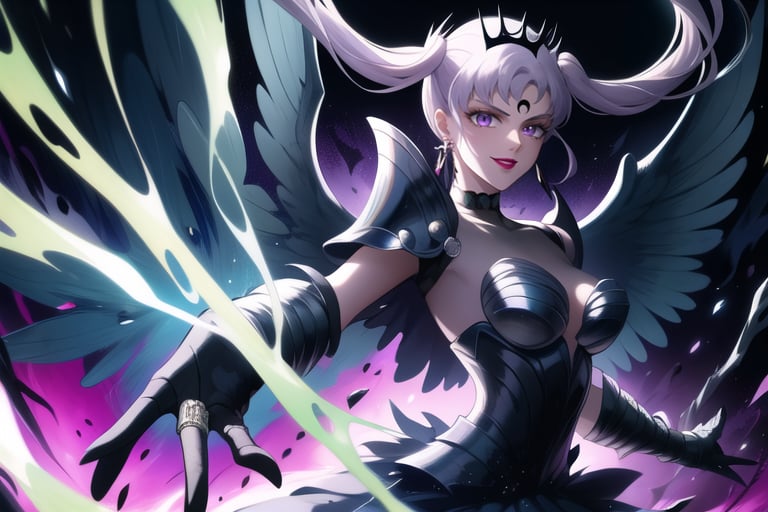 Here is a high-quality prompt for generating an image:

Official art masterpiece by noelle_silva,silver hair,twintails,bangs,purple eyes, Dark Thunder, aged up, poses confidently with silver hair flowing in the darkness. Her evil smile spreads across lips painted with bold lipstick, as she summons dark electricity to attack her foe. She wears retro-inspired armor, gloves, and jewelry, including black crystal earrings and a choker. A crescent-shaped facial mark glows ominously on her forehead. In the background, a subtle hint of a black moon casts an eerie shadow, further emphasizing her malevolent aura. Armor, wings, Holdibg a Dark Sword while charge a energy attack,