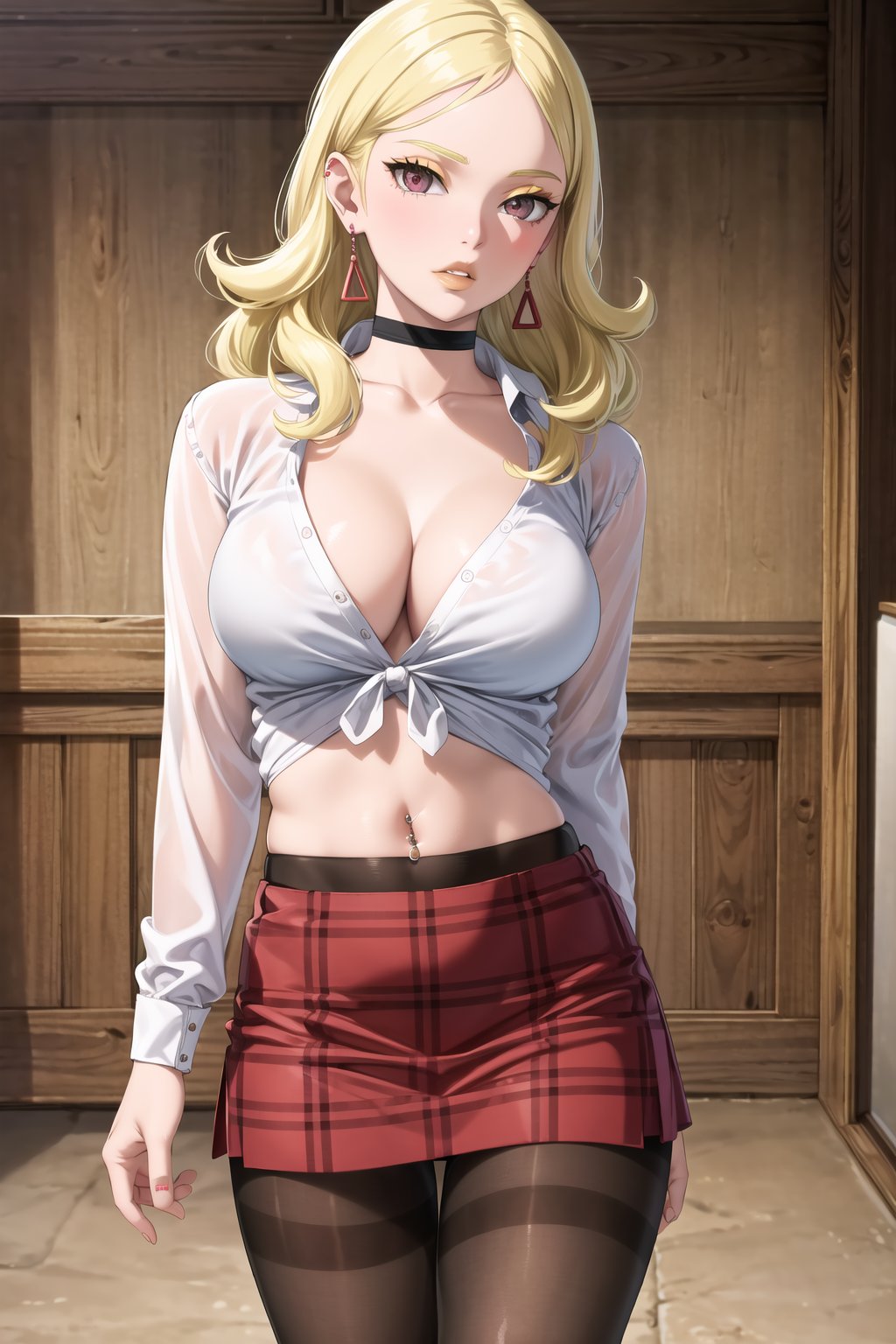 masterpiece,best quality,highres,ultra-detailed, Delta, blonde hair, earrings,, white shirt, skirt, large breasts, navel, cleavage, pantyhose,  choker, midriff, miniskirt, lips, plaid, red plaid skirt, piercing, fishnets,  fishnet pantyhose, white tied shirt:1.2, navel piercing, , standing, StandingAtAttention