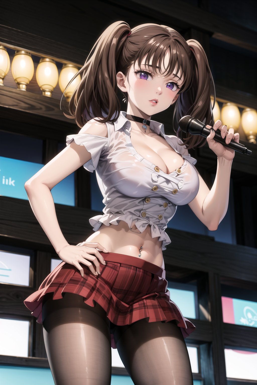 masterpiece,best quality,highres,ultra-detailed, diane, twintails, brown hair, purple eyes, white shirt, skirt, large breasts, navel, cleavage, pantyhose,  choker, midriff, miniskirt, lips, plaid, red plaid skirt, piercing, fishnets,  fishnet pantyhose, white tied shirt:1.2, navel piercing, , standing, StandingAtAttention,diane