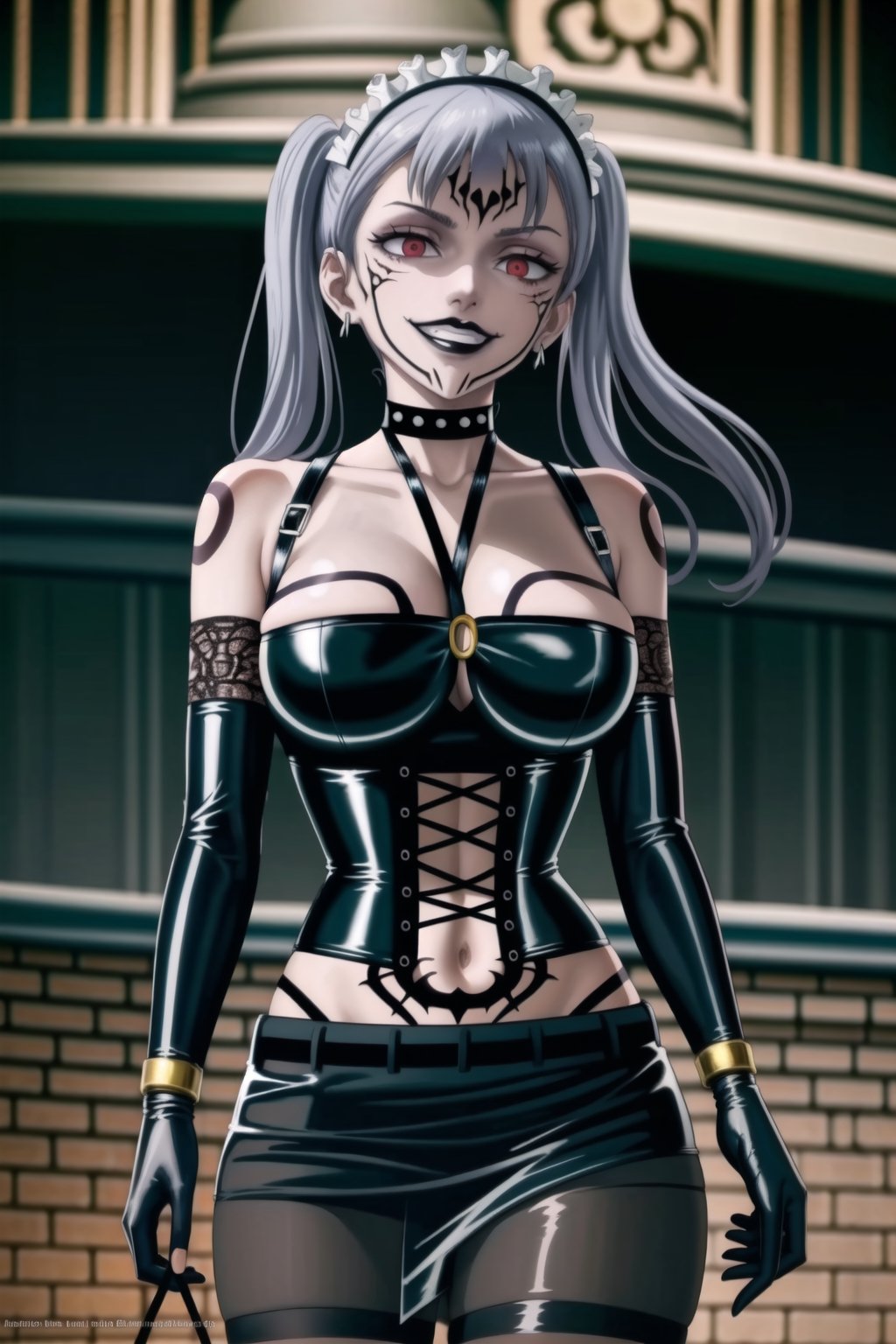 ((best quality)),  ((highly detailed)),  masterpiece, (Black lips:1.4),  ((official art)),  detailed face,  beautiful face, narrow_waist:1.3, dominatrix:1.3,puffy_short_sleeves, (sukunatattoo:1.3, maid:1.4) , (intricate black dress:1.4),top tube,  navel, midriff, (pubic tattoo:1.3), (detailed eyes,  deep eyes),(science fiction, cyberpunk:1.3, street, shopping, dark background),((smirk, grin, naughty face, seductive smile, smug)) ,,(lips), ((noelle_silva, silver hair,twintails, bangs, earrings, jewelry)) ,(red eyes:1.3),  cross-laced clothes:1.3, (spiked bracelet), corset:1.4, hoop earring, curvaceous, voluptuous body, (makeup) (lips:1.3), (latex),  (black tube top:1.2), gloves, elbow gloves, skirt, black choker, belt, pencil skirt, pantyhose, miniskirt, (black skirt), black gloves, black legwear, black choker ,large breasts, (intricately detailed, hyperdetailed), blurry background, depth of field, best quality, masterpiece, intricate details, tonemapping, sharp focus, hyper detailed, trending on Artstation, 1 girl, solo, high res, official art,RockOfSuccubus,,StandingAtAttention,,<lora:659111690174031528:1.0>