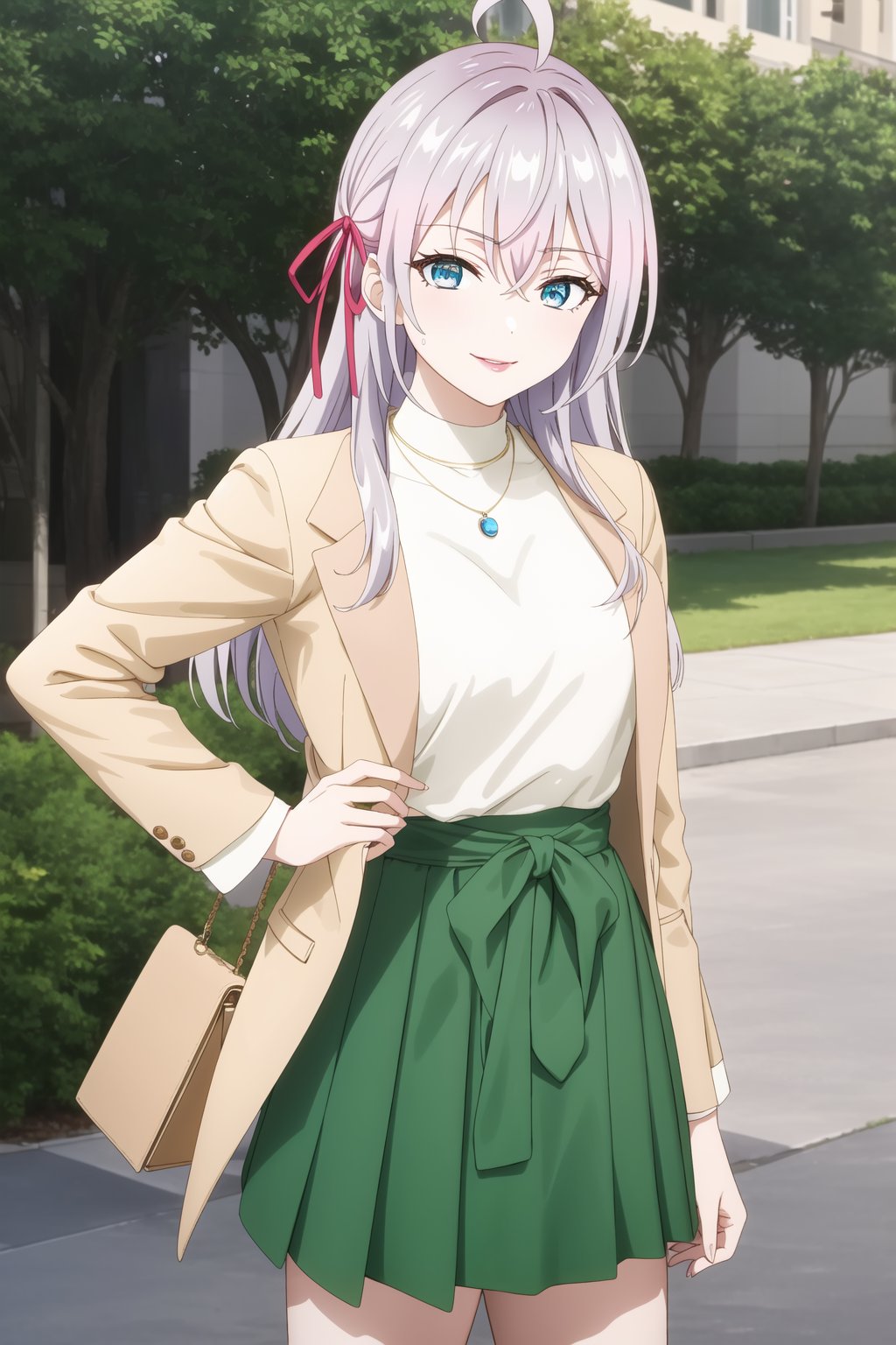  (best quality), (highly detailed), masterpiece, (official art), 1girl, solo, alya, long hair, grey hair, blue eyes, hair between eyes, hair ribbon, red ribbon, ahoge, lips , smile, pose, jewelry, long sleeves, open clothes, necklace, bag, green skirt, brown jacket, handbag, sweatdrop, sweater, open jacket, turtleneck, pendant, brown jacket, shopping