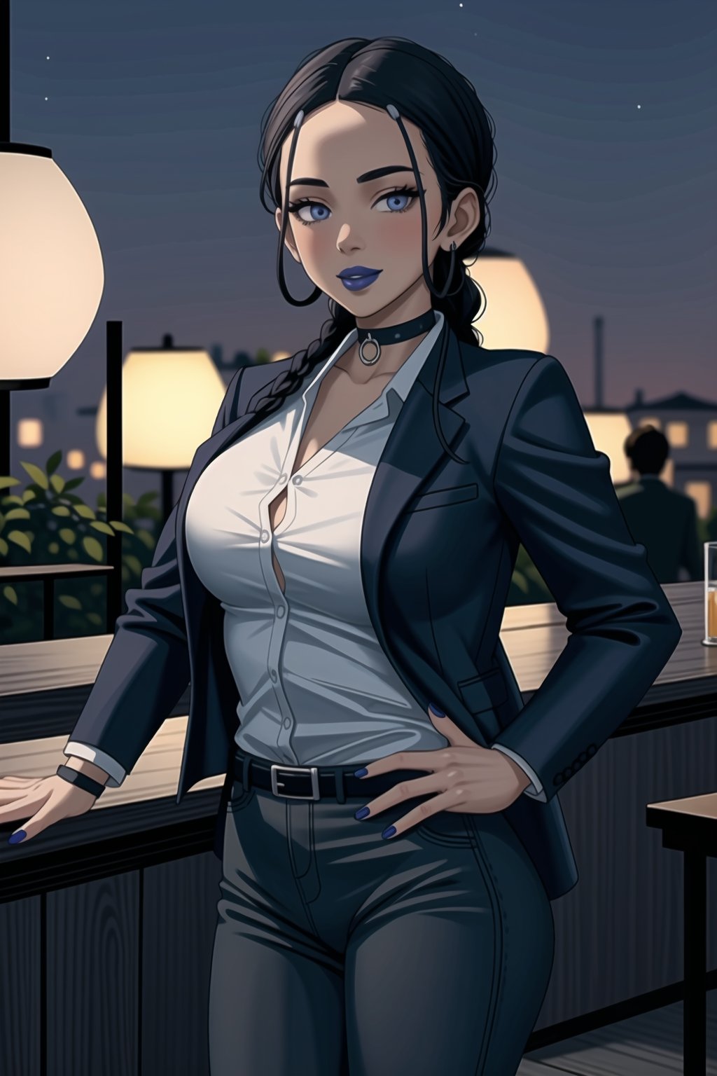 ((best quality)),  ((highly detailed)),  masterpiece,1girl, 1girl, (lips:1.2), (blue lips:1.2), seductive smile, smirk, naughty_face,nail polish, solo,   black pants,  formal,  black jacket,  open jacket,  (white shirt),  belt, ,  black jacket, (black suit),  long sleeves,  shirt tucked in,, (black choker), blush, earrings, black nails, looking at viewer, standing, cowboy shot, fingernails,  bar,outdoor,lamp,nigth,space, alcohol, sexy pose:1.2, purple nails, wristband,katara, toned, dark skin, braid, jewelry,,,,b1mb0,<lora:659111690174031528:1.0>