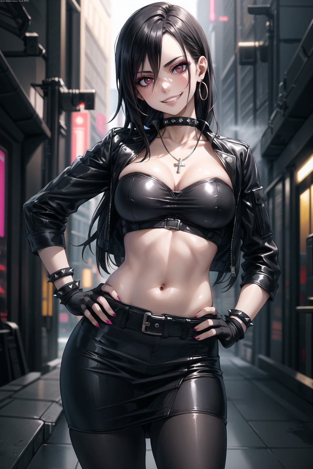 ((best quality)),  ((highly detailed)),  masterpiece,  ((official art)),  detailed face,  beautiful face,  (detailed eyes,  deep eyes),(science fiction, cyberpunk, street,dark background),((smirk, grin, naughty face, seductive smile, smug, arm behind head, hand_on_own_hip, head_tilt)),, ,cowboy shot,(lips), ,kirito_ggo, long hair, hair_between_eyes, black hair,  (red eyes),  cross-laced clothes, (spiked bracelet), necklace, corset, bustier, hoop earring, curvaceous, voluptuous body, navel, (makeup:1.3) (lips:1.3), (latex), (black top), (black tube top:1.2), gloves, fingerless gloves, jacket, skirt, black choker, black leather jacket, (dark jacket), belt, pencil skirt, pantyhose, open jacket, miniskirt, (black skirt), black gloves, black legwear, black choker, medium breast, conspicuous elegance, snobby, upper class elitist, possesses an arroaant charm. her Dresence commands attention and enw, (intricately detailed, hyperdetailed), blurry background, depth of field, best quality, masterpiece, intricate details, tonemapping, sharp focus, hyper detailed, trending on Artstation, 1 girl, solo, high res, official art