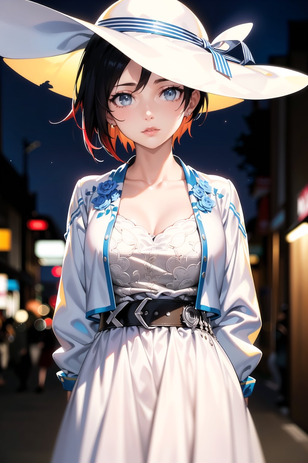 (best quality), (highly detailed), masterpiece, (official art), ,(ruby rose:1.2), lips, lips, ((long sleeves, hat, dress, ribbon, closed mouth, collarbone, jacket,  belt, white dress, blurry background, white headwear, hat ribbon, blue ribbon, blue jacket, cropped jacket, sun hat, v arms)), looking at viewer, china, asiática, city, night, sky,  (intricately detailed, hyperdetailed), blurry background,depth of field, best quality, masterpiece, intricate details, tonemapping, sharp focus, hyper detailed, trending on Artstation,1 girl, high res, official art,StandingAtAttention