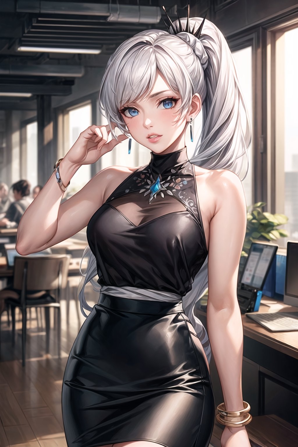 ((best quality)),  ((highly detailed)),  masterpiece,  ((official art)), (weiss schnee, side ponytail, earrings),lips, sleeveless, bare shoulders, figure, turtleneck, black shirt, black pencil skirt,office, lady office, print skirt, floral print, high-waist skirt, shirt_tucked_in, building, bracelet, parted lips, cellphone picture, indoors, intricately detailed, hyperdetailed, blurry background, depth of field, best quality, masterpiece, intricate details, tonemapping, sharp focus, hyper detailed, trending on Artstation, 1 girl, high res, official art,