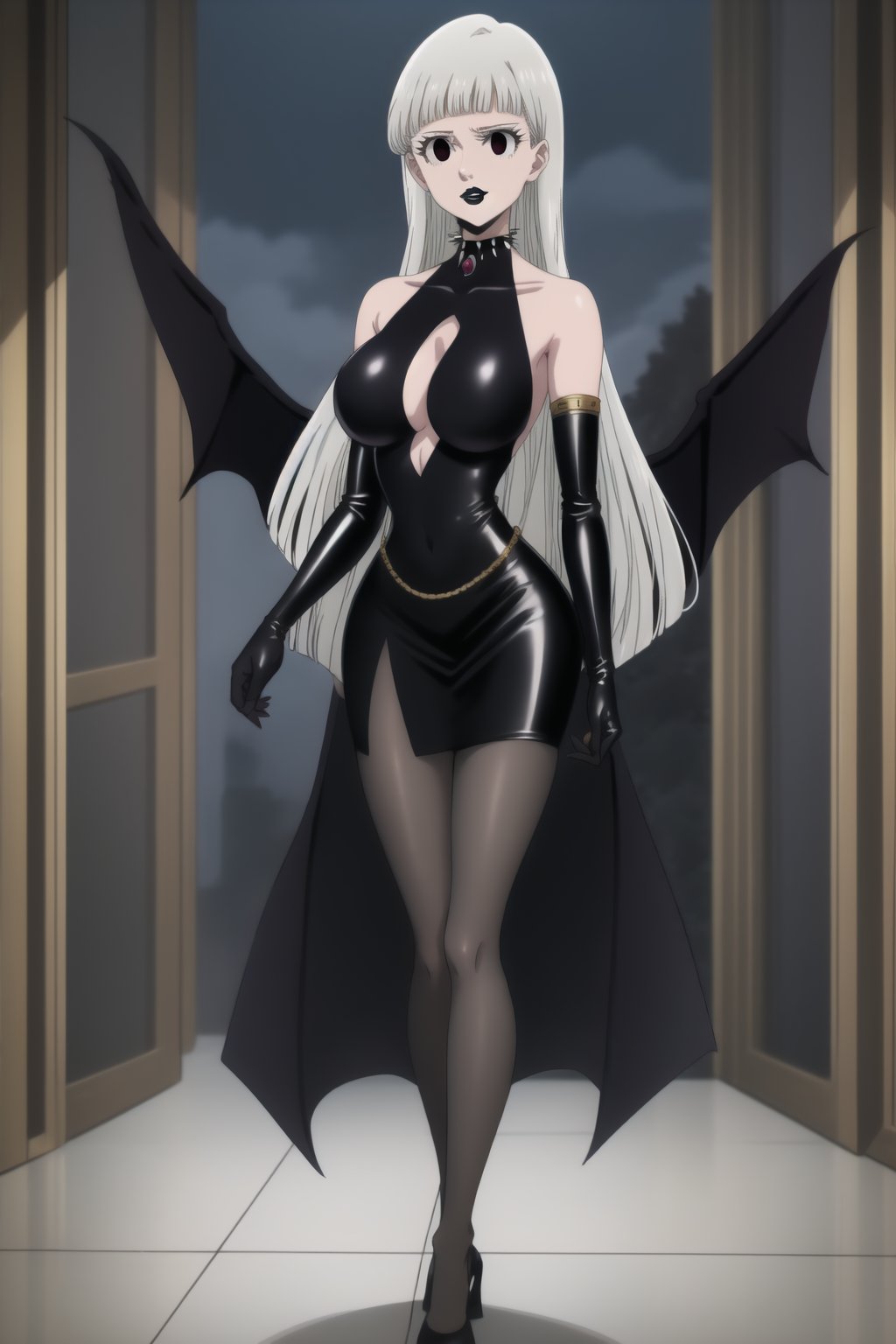 (best quality), (highly detailed), masterpiece, (official art), (Elizabeth, black hair, blunt bangs, long hair):1.2, facial mark, black lips:1.4, makeup:1.2, black eyes:1.2, black latex ceremonial dress adorned with dark jewels, latex elbow-length gloves, obsidian crown with sharp spikes, standing on a balcony overlooking her demon kingdom, moonlight reflecting off her latex attire, her gaze distant yet calculating, solo female, large breasts, full-body shot, looking at viewer, perfect face, realistic body, high-definition quality, elegant and ominous, dark queen of demons, b1mb0,