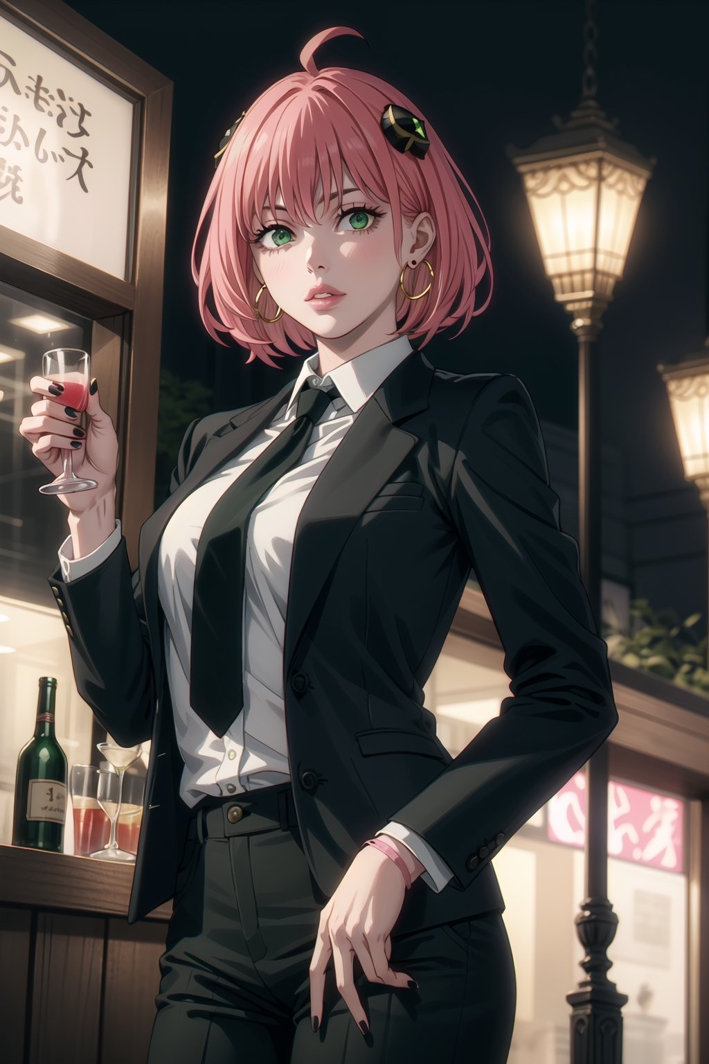 ((best quality)),  ((highly detailed)),  masterpiece,1girl, 1girl, (lips:1.3) (pink lips:1.2),pose:1.2, white shirt, suit, black jacket, black pants, black necktie, large breast, (hoop earrings:1.2),  pink nails, looking at viewer, standing, cowboy shot, bar,outdoor,lamp,nigth,space, alcohol, pinknails, wristband,(anya forger, bangs, short hair, pink hair, green eyes, ahoge, hair ornament), tall woman,csm anime style