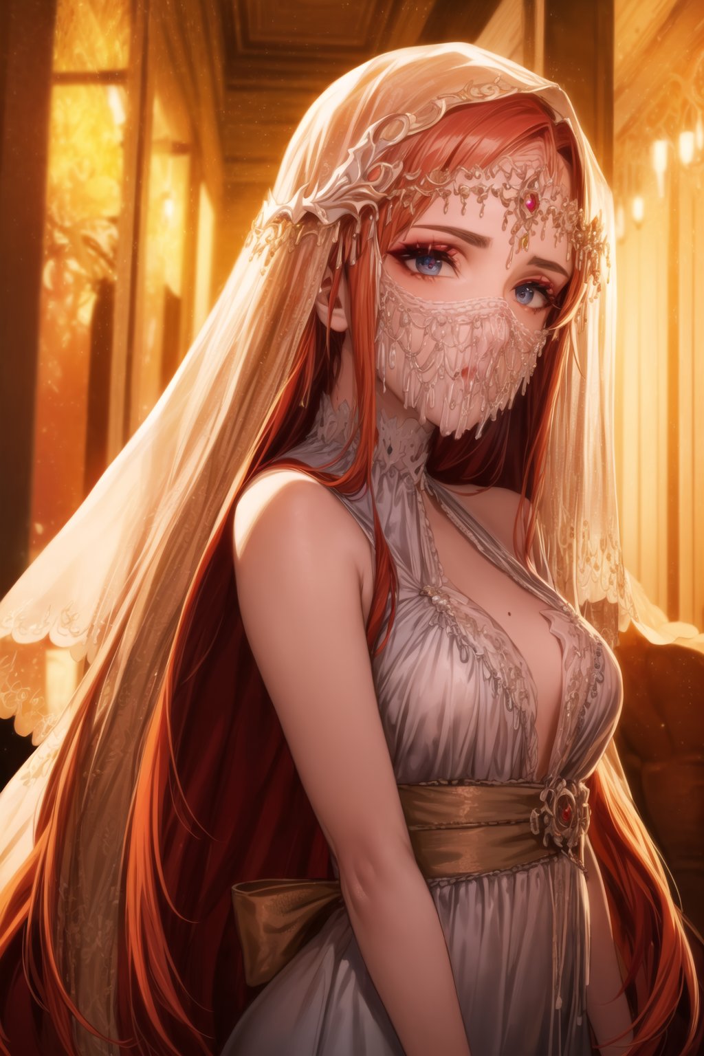 ((best quality)), ((highly detailed)), masterpiece, ((official art)), detailed face, beautiful face, (detailed eyes, deep eyes), seductive posing, (cowboy shot),asuna yuuki, long hair, brown hair, orange hair, red hair, empty eyes:1.2,,((veil, transparent,mask Veil,Veil)) v3il, face veil, (forehead jewel opal), crystal head veil, (cowboy shot), eyeliner, eyeshadow, makeup, ,ethereal nightgown, (sash), (cowboy shot), grand hall, . shallow depth of field, vignette, highly detailed, high budget, bokeh, cinemascope, moody, epic, gorgeous, film grain, grainy,jyojifuku,asuna yuuki