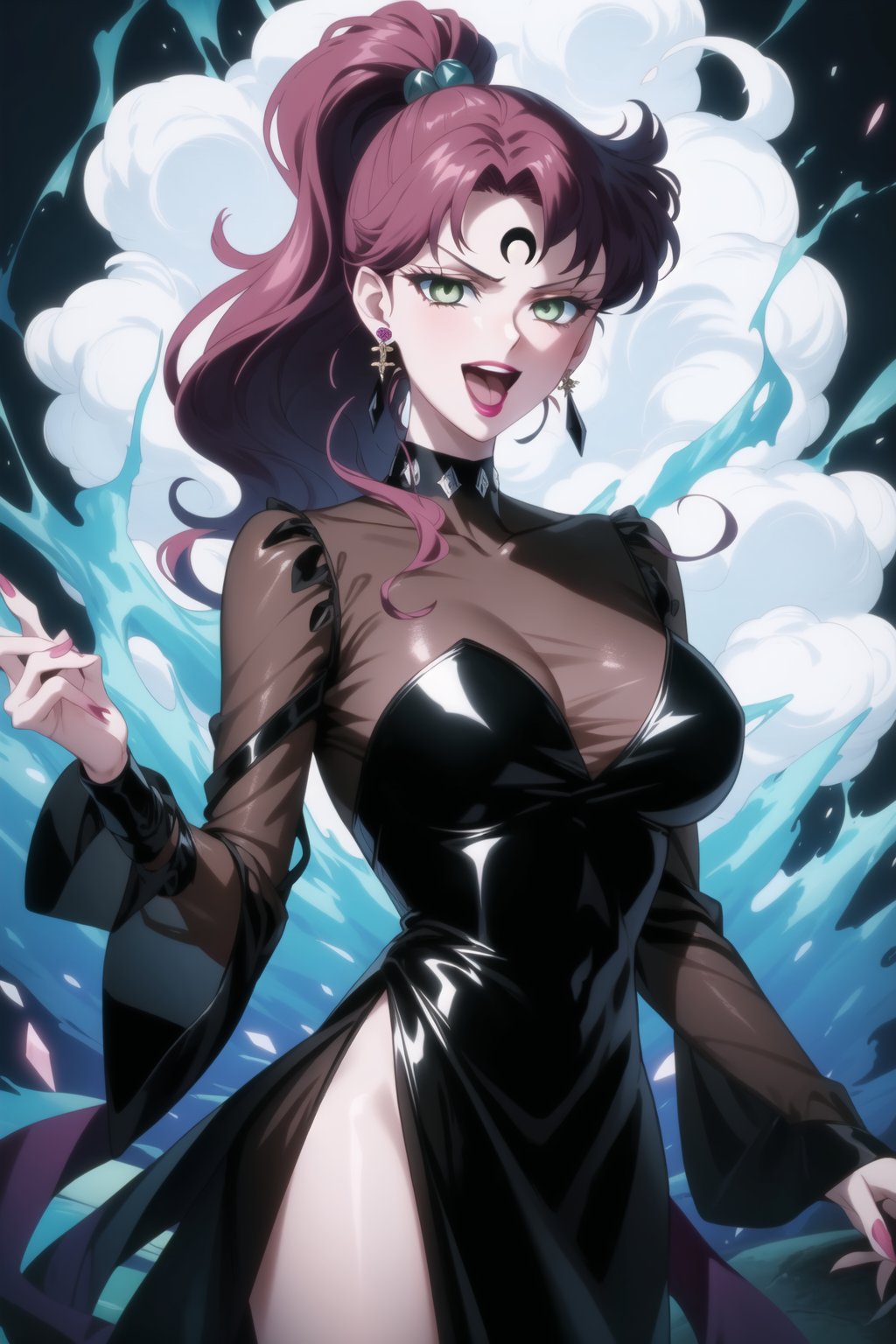 (best quality), (highly detailed), masterpiece, (official art), hmjupiter, green eyes, ponytail, brown hair, makeup, ((forehead mark, crescent facial mark, black crystal earrings)), aged up, evil smile, lips, lipstick, open mouth, anime coloring, ((black dress, long sleeves, pink see-through)), pink dress, side slit, A dark and mysterious female character inspired by the style of classic anime. She has an evil face with an evil smile, giving her an imposing and intimidating presence. The overall atmosphere is dark and mysterious, with a sense of power and control emanating from her posture.