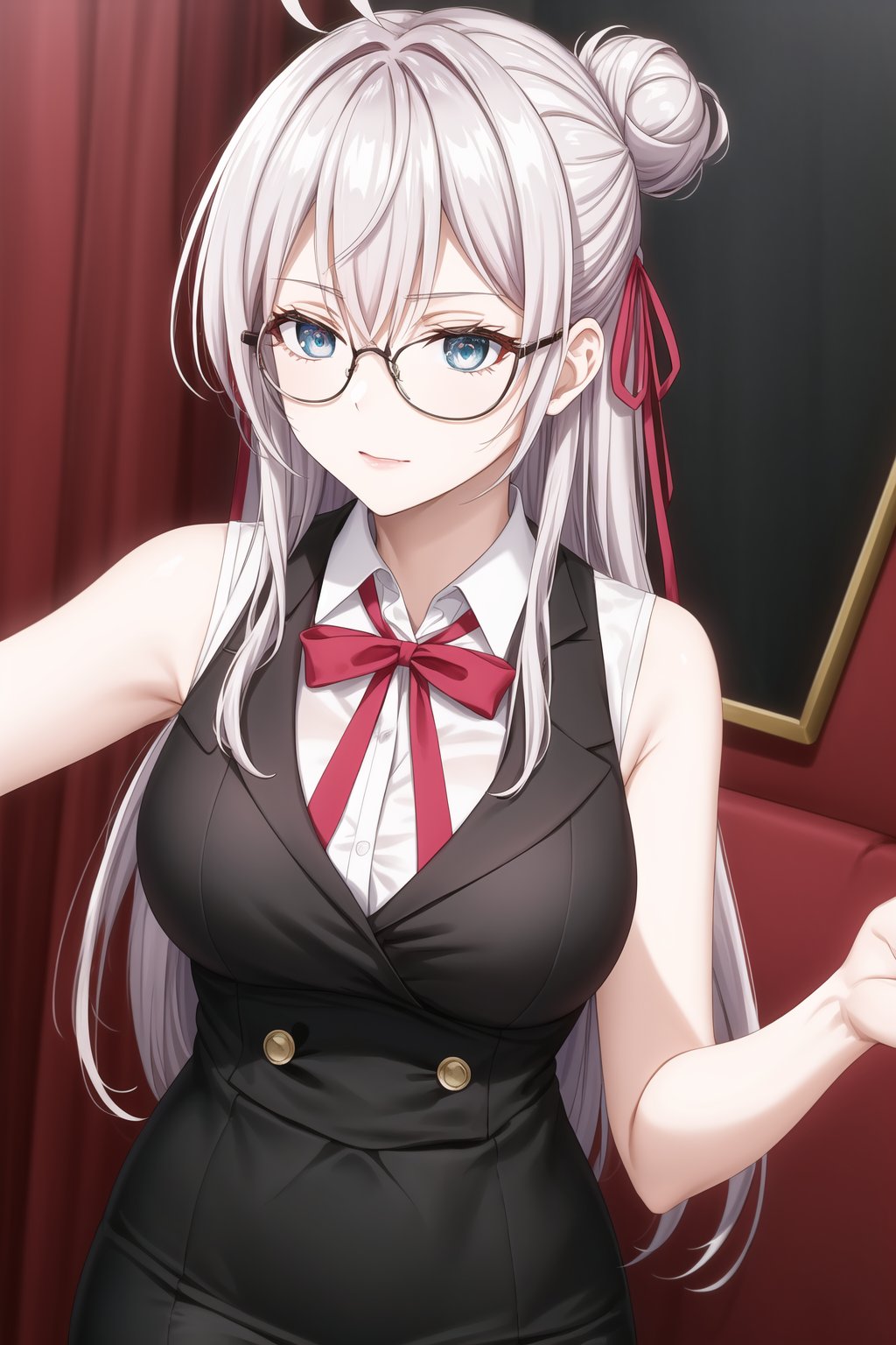 A close-up shot of alya, long hair, grey hair, blue eyes, hair between eyes, hair ribbon, red ribbon, ahoge, tShe looks elegant and professional. She is wearing a sleeveless, high-necked blouse, all black, which fits her figure in a stylish way. She pairs it with a high-waisted pencil skirt with a black and white geometric pattern, which gives her a modern and sophisticated touch. In addition, she wears dark-framed glasses that complement her office look. Her hair is tied up in a high bun, which adds an air of formality and professionalism to the outfit.