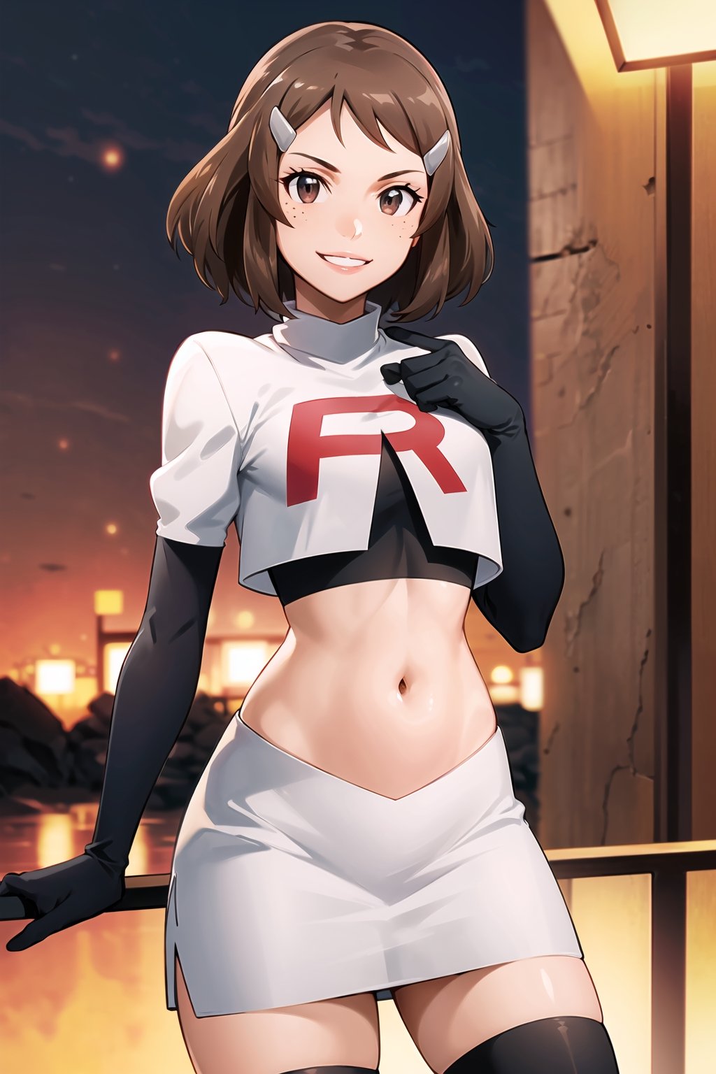 (best quality), (highly detailed), masterpiece, (official art), rika, brown hair, hairclip, freckles, brown eyes, posing, lips, ( evil smile), , Team Rocket, cropped jacket, white jacket, crop top, jacket, gloves, black gloves, elbow gloves, navel, midriff, white skirt, miniskirt, skirt, thighhighs,, looking at viewer, china, asiática, city, night, sky, (intricately detailed, hyperdetailed), blurry background,depth of field, best quality, masterpiece, intricate details, tonemapping, sharp focus, hyper detailed, trending on Artstation,1 girl, high res, official art