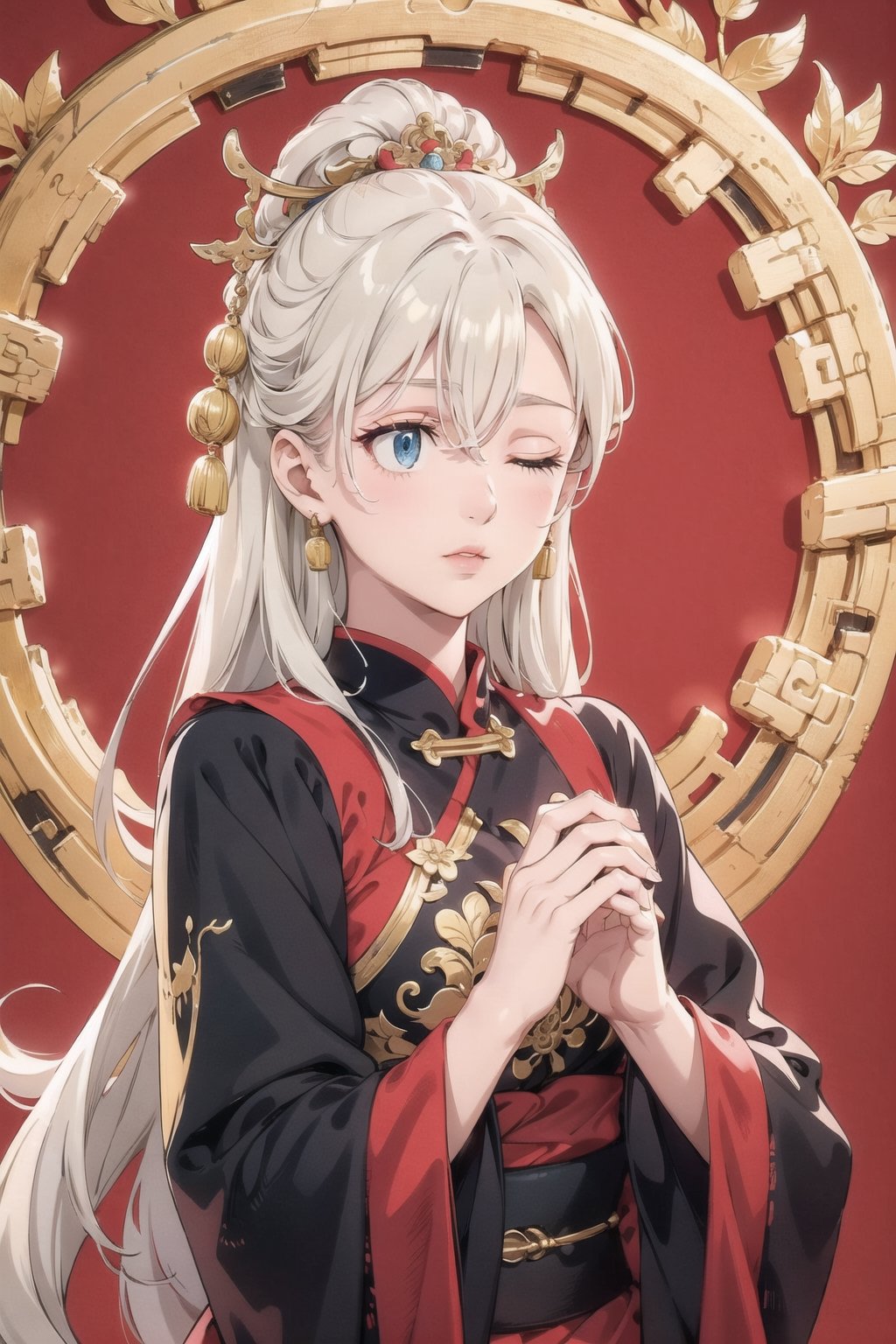  elizabeth, long hair, blue eyes, white hair, hair over one eye,  beautiful girl,wearing black, lips,A Chinese ancient beauty is praying, with hands clasped together, eyes closed in silence, wearing a solemn yet beautiful expression, Red Background