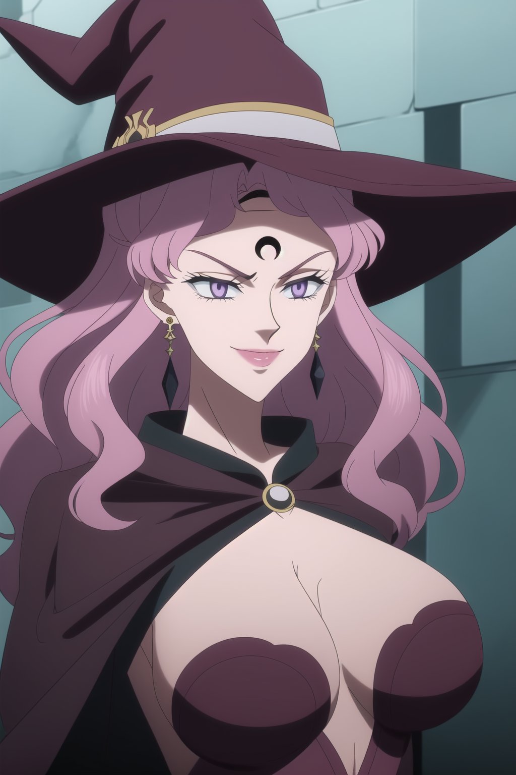 (best quality), (highly detailed), masterpiece, (official art), Vanessa, pink hair, purple eyes, long hair, bangs, witch hat, makeup, ((forehead mark, crescent facial mark, black crystal earrings)), aged up, evil smile, lips, lipstick, posing, anime coloring, , A dark and mysterious female character inspired by the style of classic anime. She has an evil face with an evil smile, giving her an imposing and intimidating presence. The overall atmosphere is dark and mysterious, with a sense of power and control emanating from her posture.,