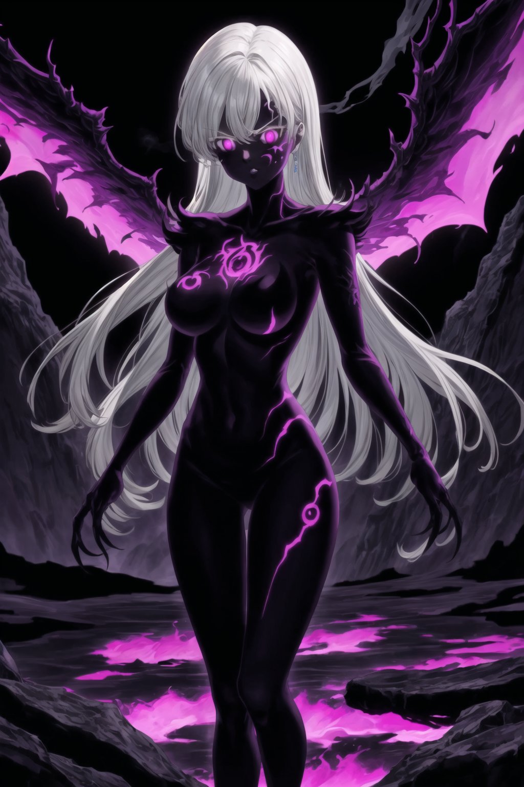 monochrome,greyscale,(tattoo,facial mark,aura,glowing,bodypaint,smoke,dark aura:1.2),1girl,long hair,medium breasts,black hair,angry,purple eyes,wings,claws,looking at viewer,nude,censored,armor,convenient censoring,Elizabeth, black hair, lips, ruler of hell, stands as a malevolent dictator, her long hair flowing like darkness itself, gradient from white to dark, framing her cold gaze. Her elaborate gown, adorned with sinister symbols and glowing red accents, reflects her dominance and cruelty. The background features a hellish landscape: rivers of lava, jagged rocks, tormented souls, and dark clouds with lightning. Eerie, red and black glows illuminate the scene, capturing the dark and oppressive atmosphere of her dominion.