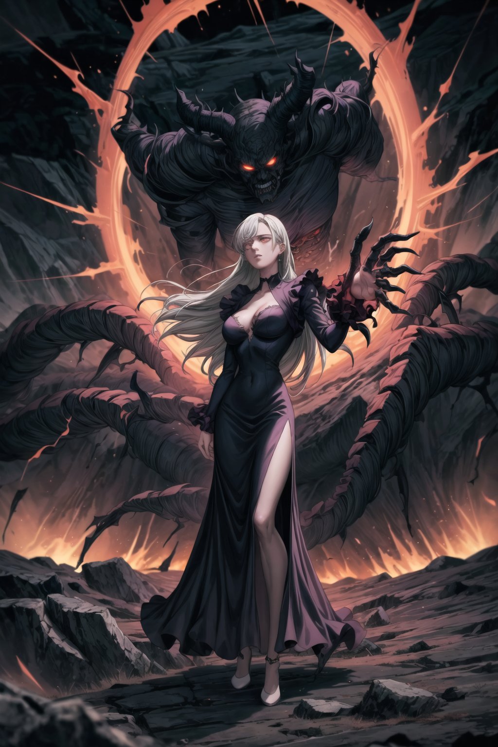 Elizabeth, black hair, lips, ruler of hell, stands as a malevolent dictator, her long hair flowing like darkness itself, gradient from white to dark, framing her cold gaze. Her elaborate gown, adorned with sinister symbols and glowing red accents, reflects her dominance and cruelty. The background features a hellish landscape: rivers of lava, jagged rocks, tormented souls, and dark clouds with lightning. Eerie, red and black glows illuminate the scene, capturing the dark and oppressive atmosphere of her dominion.