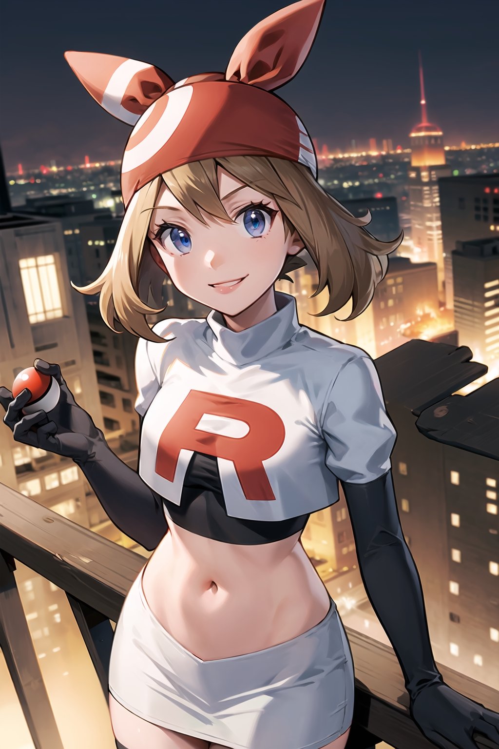 (best quality), (highly detailed), masterpiece, (official art), may, brown hair, bandana,  hairband, medium hair, bow hairband, red bandana, poke ball, poke ball (basic), holding poke ball, posing, lips,( evil smile), Team Rocket, cropped jacket, white jacket, crop top, jacket, gloves, black gloves, elbow gloves, navel, midriff, white skirt, miniskirt, skirt, thighhighs,, looking at viewer, china, asiática, city, night, sky, (intricately detailed, hyperdetailed), blurry background,depth of field, best quality, masterpiece, intricate details, tonemapping, sharp focus, hyper detailed, trending on Artstation,1 girl, high res, official art