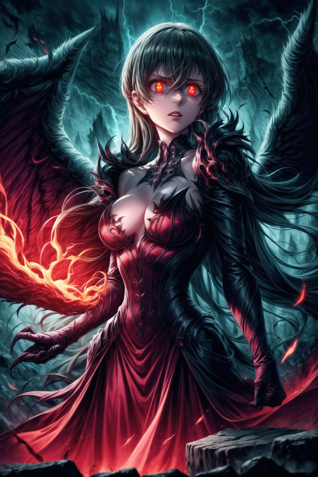 Elizabeth, black hair, lips, ruler of hell, black wings,darkness wings,wings,demon wings,stands as a malevolent dictator, her long hair flowing like darkness itself, gradient from white to dark, framing her cold gaze. Her elaborate gown, adorned with sinister symbols and glowing red accents, reflects her dominance and cruelty. The background features a hellish landscape: rivers of lava, jagged rocks, tormented souls, and dark clouds with lightning. Eerie, red and black glows illuminate the scene, capturing the dark and oppressive atmosphere of her dominion.