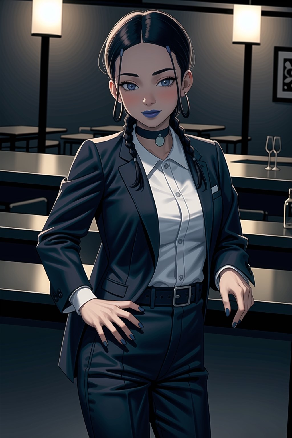 ((best quality)),  ((highly detailed)),  masterpiece,1girl, 1girl, (lips:1.2), (blue lips:1.2), seductive smile, smirk, naughty_face,nail polish, solo,   black pants,  formal,  black jacket,  open jacket,  (white shirt),  belt, ,  black jacket, (black suit),  long sleeves,  shirt tucked in,, (black choker), blush, earrings, black nails, looking at viewer, standing, cowboy shot, fingernails,  bar,outdoor,lamp,nigth,space, alcohol, sexy pose:1.2, purple nails, wristband,katara, toned, dark skin, braid, jewelry,,,,<lora:659111690174031528:1.0>