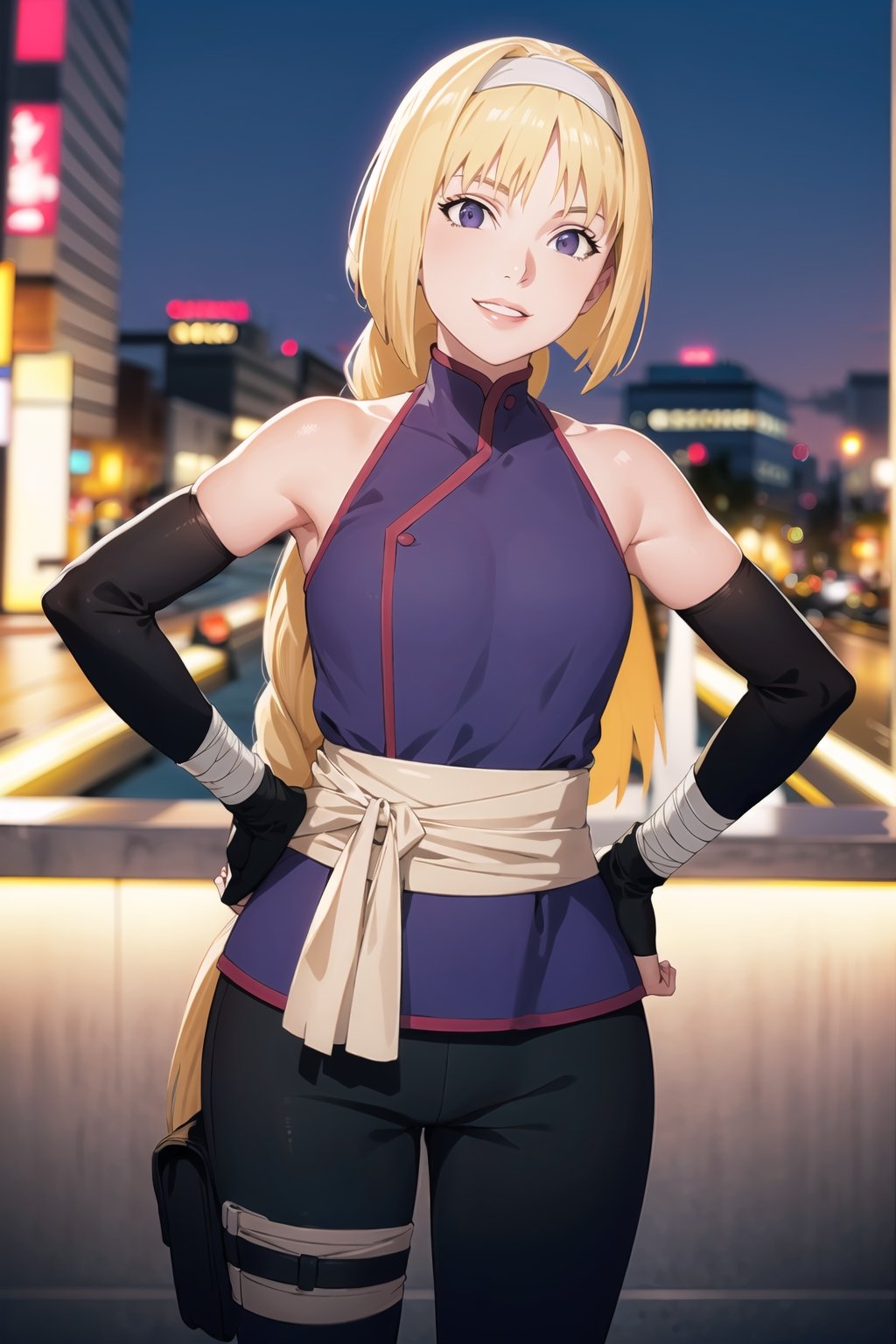 (best quality), (highly detailed), masterpiece, (official art),sumire kakei, posing, hand on hip, lips, (blonde hair), smile, long hair, ninja, elbow gloves, bandages, black pants, looking at viewer, city, night, sky, (intricately detailed, hyperdetailed), blurry background,depth of field, best quality, masterpiece, intricate details, tonemapping, sharp focus, hyper detailed, trending on Artstation,1 girl, high res, official art,b1mb0