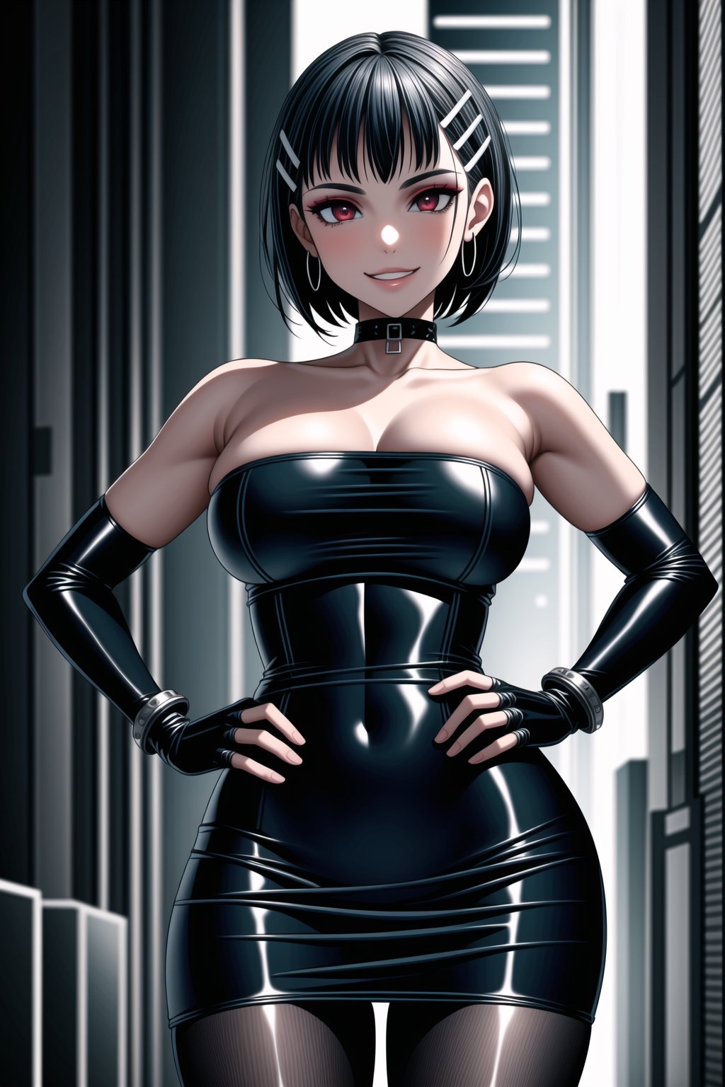 ((best quality)),  ((highly detailed)),  masterpiece,  ((official art)),  detailed face,  beautiful face,  (intricate Black dress:1.4),(detailed eyes,  deep eyes),((extended_arm, presenting_gift, shopping_bag, gift_giving, front_view, gesture)),(science fiction, cyberpunk:1.2, street, shopping, dark background),((smirk, grin, naughty face, seductive smile, smug, arm behind head, hand_on_own_hip, head_tilt)),, ,cowboy shot,(lips), ,kirigaya suguha, blunt bangs, short bangs, black hair:1.3, short hair, hair ornament, hairclip,(red eyes),  cross-laced clothes, (spiked bracelet), corset, hoop earring, curvaceous, voluptuous body, (makeup:1.3) (lips:1.3), (latex),  (black tube top:1.2), gloves, fingerless gloves, skirt, black choker, belt, pencil skirt, pantyhose, miniskirt, (black skirt), black gloves, black legwear, black choker, medium breast,large breasts, conspicuous elegance, snobby, upper class elitist, possesses an arroaant charm. her Dresence commands attention and enw, (intricately detailed, hyperdetailed), blurry background, depth of field, best quality, masterpiece, intricate details, tonemapping, sharp focus, hyper detailed, trending on Artstation, 1 girl, solo, high res, official art,<lora:659111690174031528:1.0>