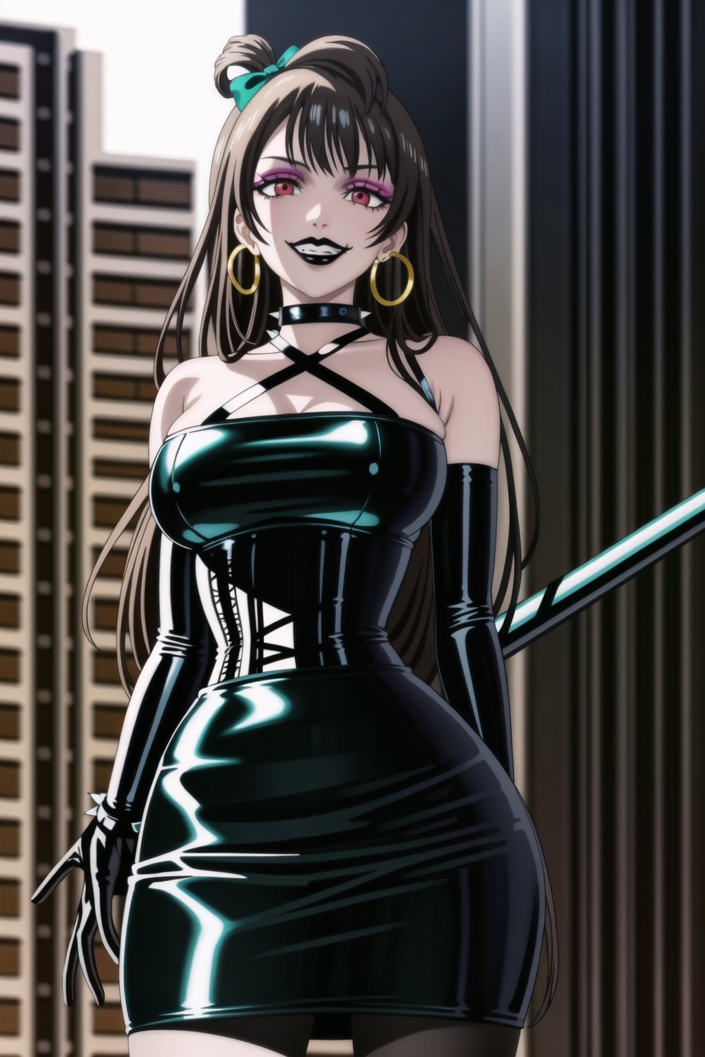 ((best quality)),  ((highly detailed)),  masterpiece,(Black lips:1.4), (white skin:1.4), ((official art)),  detailed face,  beautiful face, (cross-laced clothes:1.3), narrow_waist:1.3, dominatrix:1.4 , (intricate Black dress:1.4), (detailed eyes,  deep eyes),science fiction, cyberpunk:1.3, street,  pose:1.3, s,((smirk, grin, naughty face, seductive smile, smug)) ,cowboy shot,(lips), minami kotori, long hair,  bangs, hair bow, green bow, (red eyes:1.3),   (spiked bracelet), corset:1.4, (black hoop earring:1.3), curvaceous, voluptuous body, (makeup:1.5) (lips:1.3), (latex:1.3),  (black tube top:1.2), gloves,(elbow gloves:1.2), skirt, black choker, pencil skirt, pantyhose, miniskirt, (black skirt), black gloves, black legwear, large breasts:1.2, (intricately detailed, hyperdetailed), blurry background, depth of field, best quality, masterpiece, intricate details, tonemapping, sharp focus, hyper detailed, trending on Artstation, 1 girl, solo, high res, official art,,<lora:659111690174031528:1.0>