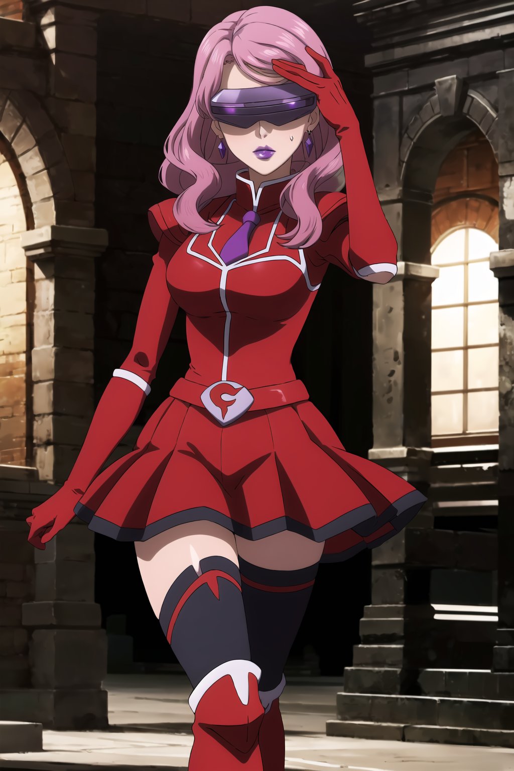 (best quality), (highly detailed), masterpiece, (official art),Vanessa, jewelry, earrings, long hair, pink hair,, mature_female, 1girl, solo, ((head-mounted display)), ((purple lips:1.2)), (team flare:1.2),  gloves,((armor, juliet_sleeves:1.2)), long_sleeves , pleated skirt,  necktie, red dress, belt, red dress, (pantyhose, red footwear1.2), (lips:1.2), ((arms at sides)),, cowboy shot, looking at viewer, indoors, blurry background,depth of field, best quality, masterpiece, intricate details, tonemapping, sharp focus, hyper detailed, trending on Artstation, salute,nozomi toujou