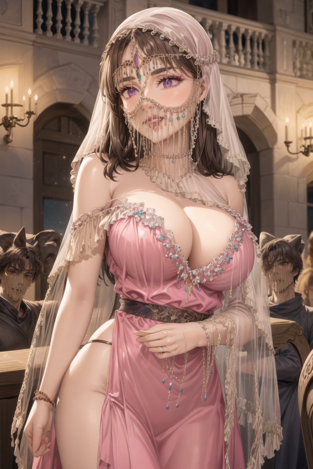 ((best quality)), ((highly detailed)), masterpiece, ((official art)), detailed face, beautiful face, (detailed eyes, deep eyes), seductive posing, (cowboy shot),diane, long hair, brown hair, purple eyes, empty eyes:1.2,, v3il, face veil, (forehead jewel opal), crystal head veil, (cowboy shot), eyeliner, eyeshadow, makeup, purple lips [brown hair] hair ,ethereal nightgown, (sash), (cowboy shot), grand hall, . shallow depth of field, vignette, highly detailed, high budget, bokeh, cinemascope, moody, epic, gorgeous, film grain, grainy