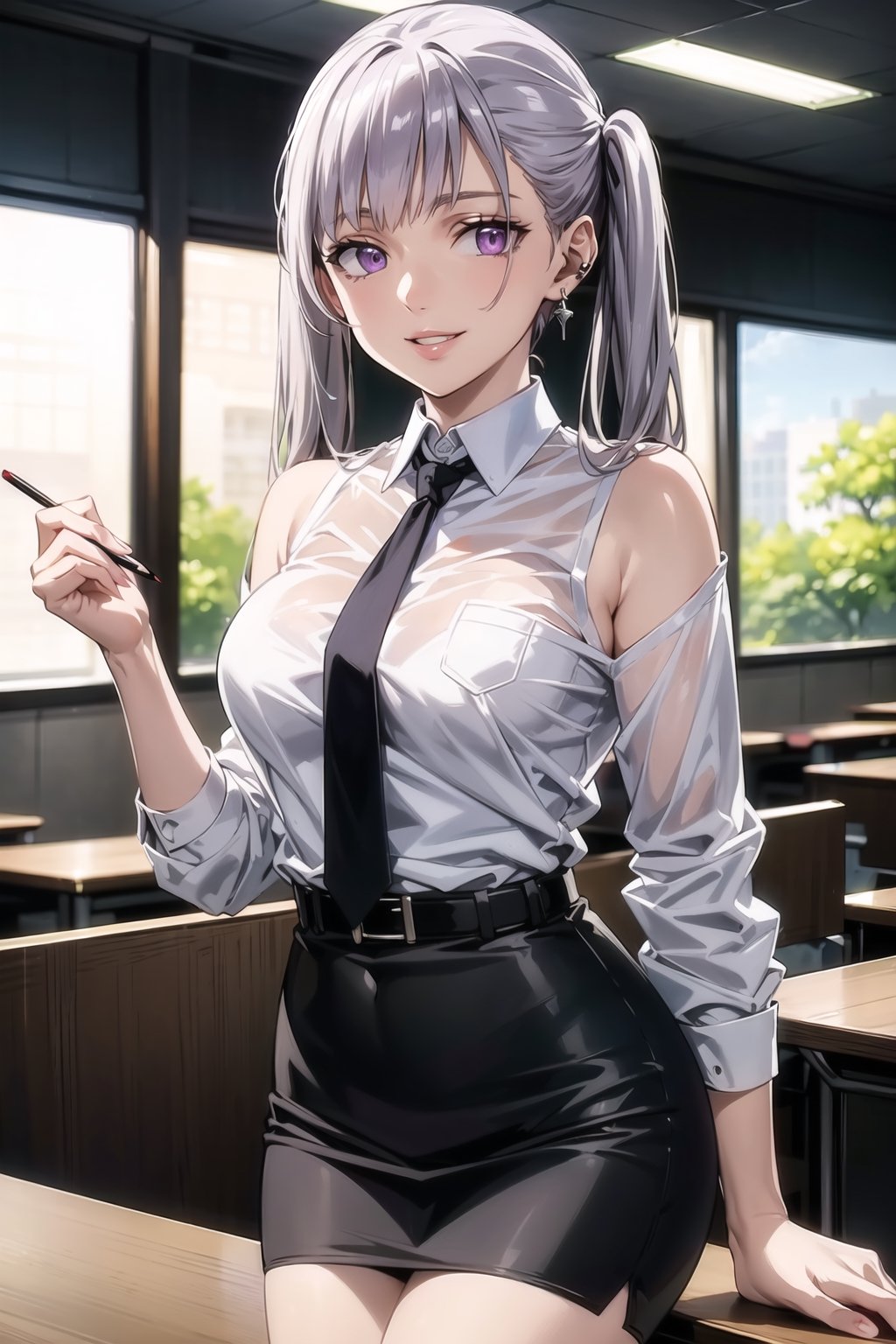 (best quality), (highly detailed), masterpiece, (official art), oelle_silva, long hair, purple eyes, twintails, bangs, earring, silver hair,  lips, smile, necktie,  bare shoulders,  shirt tucked in,looking at viewer, shirt, black necktie, white shirt, medium breasts,window, formal, office lady,pencil skirt, black belt,  (intricately detailed, hyperdetailed), blurry background,depth of field, best quality, masterpiece, intricate details, tonemapping, sharp focus, hyper detailed, trending on Artstation,1 girl, solo,high res,official art
