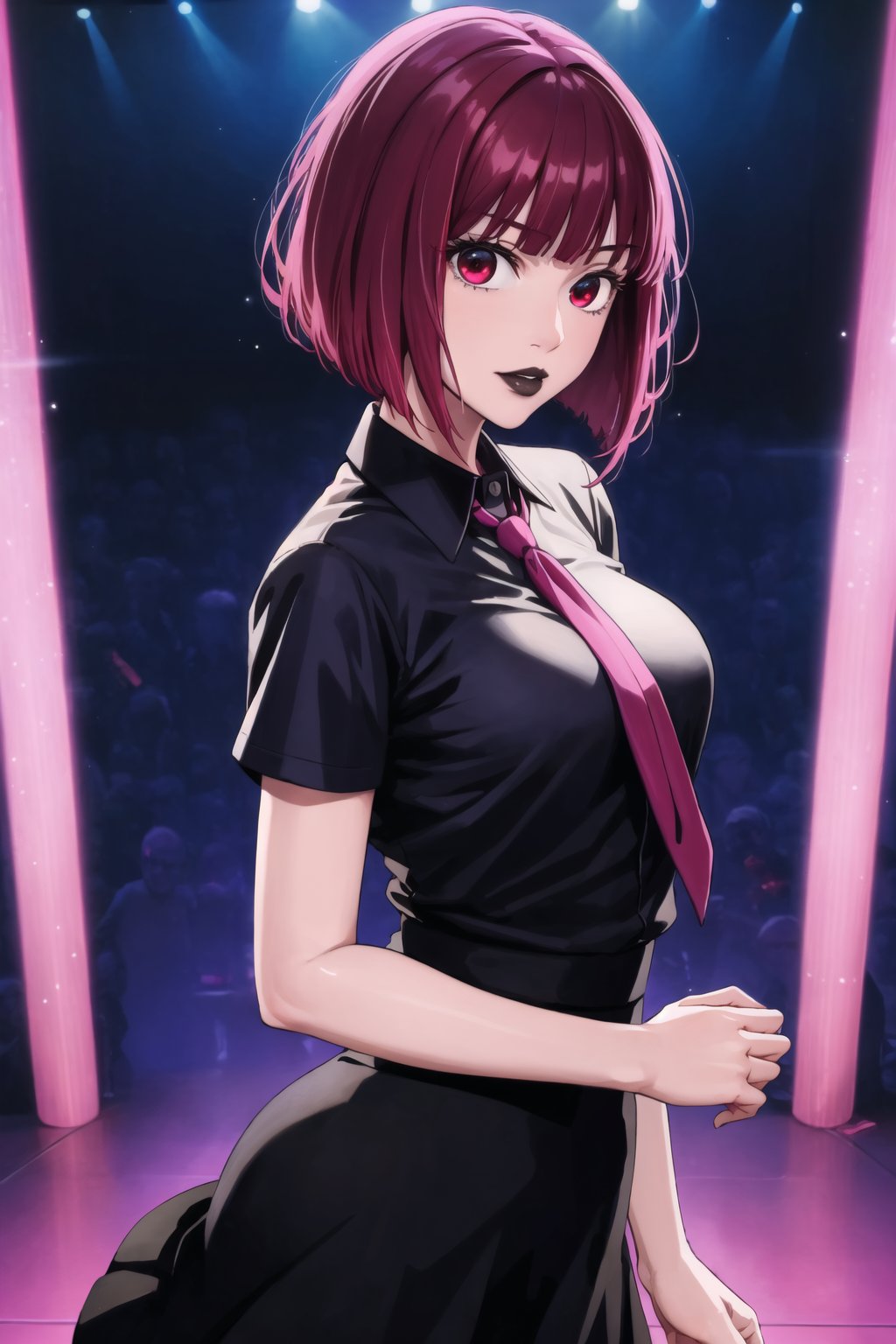 (best quality), (highly detailed), masterpiece, (official art), aakana, short hair,  red eyes, , solo,  lips:1.2, black lips:1.4, lipstick:1.2, skirt, black neckktie, latex:1.2, pencil_skirt, shirt, standing, looking at viewer, white shirt, breasts, black skirt, looking at viewer, (/nightclub scene, neon lights), , club, (nigth club), ,hd quality, perfect face ,realistic, realistic body , perfect face sync,night club,StandingAtAttention,marinette,night club,b1mb0, 