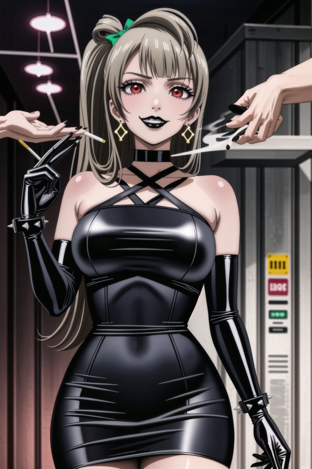 ((best quality)),  ((highly detailed)),  masterpiece,(Black lips:1.4), (white skin:1.4), ((official art)),  detailed face,  beautiful face, (cross-laced clothes:1.3), narrow_waist:1.3, dominatrix:1.4 , (intricate Black dress:1.4), (detailed eyes,  deep eyes),science fiction, cyberpunk:1.3, street, shopping, pose:1.3, smoke:1.3, holding cigarette:1.3, smoking:1.2,((smirk, grin, naughty face, seductive smile, smug)) ,cowboy shot,(lips), minami kotori, long hair,  bangs, hair bow, green bow, (red eyes:1.3),   (spiked bracelet), corset:1.4, (black hoop earring:1.3), curvaceous, voluptuous body, (makeup:1.5) (lips:1.3), (latex:1.3),  (black tube top:1.2), gloves,(elbow gloves:1.2), skirt, black choker, pencil skirt, pantyhose, miniskirt, (black skirt), black gloves, black legwear, black nails,large breasts:1.2, (intricately detailed, hyperdetailed), blurry background, depth of field, best quality, masterpiece, intricate details, tonemapping, sharp focus, hyper detailed, trending on Artstation, 1 girl, solo, high res, official art,RockOfSuccubus,,kotori minami,minami kotori,,,black lips,<lora:659111690174031528:1.0>