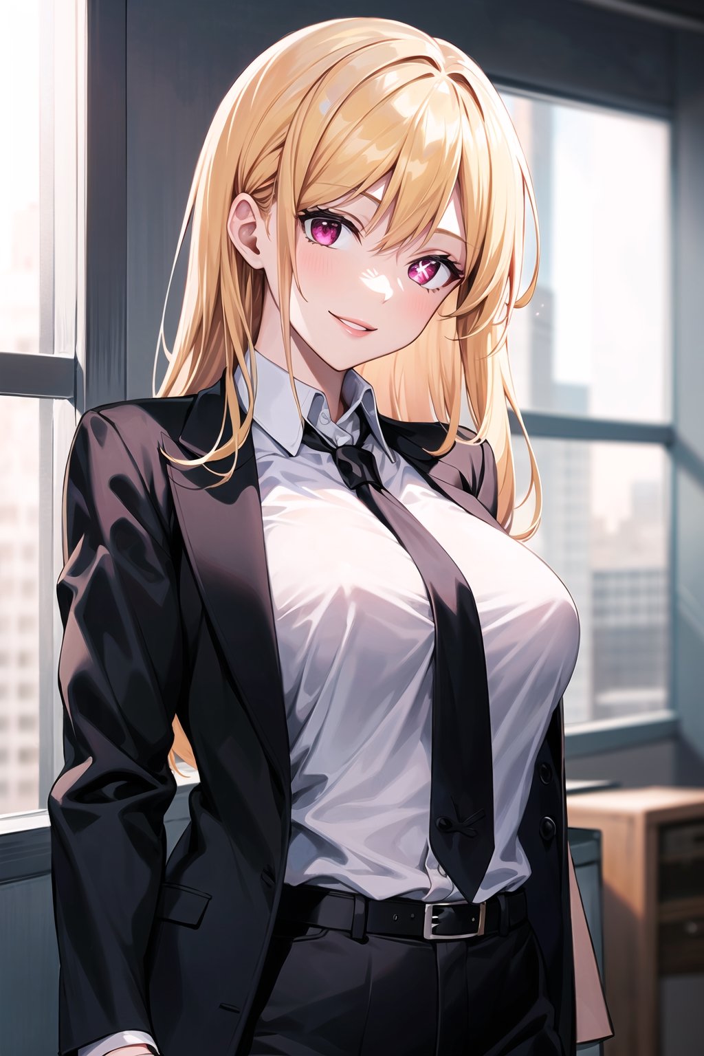 (best quality), (highly detailed), masterpiece, (official art),  hoshino_ruby, long hair, ((one side up)), lips, smile, top jacket:1.3,black pants, belt,,necktie,  black jacket,(black suit), long sleeves, shirt tucked in,looking at viewer, shirt, black necktie, white shirt, medium breasts,window, formal, office lady,pants, business suit, suit,  (intricately detailed, hyperdetailed), blurry background,depth of field, best quality, masterpiece, intricate details, tonemapping, sharp focus, hyper detailed, trending on Artstation,1 girl, solo,high res,official art,hoshino_ruby