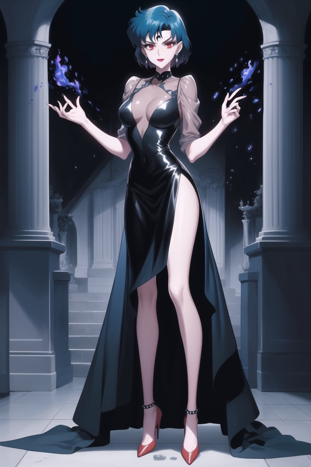 evil smile, red eyes, jewelry,  earrings, makeup, facial mark, lipstick,  forehead mark, crescent facial mark, crystal earrings,crescent, mer1, short hair, blue hair, dress,black dress, high heels, see-through,red footwear,side slit
(best quality), (highly detailed), masterpiece, (official art), A dark and mysterious female character inspired by classic anime style,  She has a cold, expressionless face with pale skin and dark, bold lips, giving her a commanding and intimidating presence.  The overall atmosphere is dark and mysterious, with a sense of power and control emanating from her poised stance.