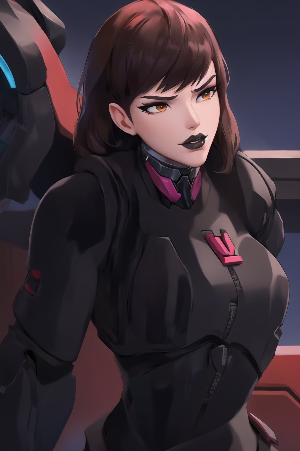 (best quality), (highly detailed), masterpiece, (official art),  dva, brown hair, messy hair, brown eyes, black lips:1.2, lips:1.3,cinematic illustration of D.Va (Hana Song) reimagined as a deadly assassin for Talon. She wears a sleek, form-fitting black and red tactical suit, designed for stealth and combat. The suit is accented with red, glowing lines and Talon’s emblem, highlighting her allegiance. Her expression is cold and determined, metallic black suit with glowing red circuits and a visor replacing her sunglasses. Her black lips contrast with the bright red emblem ,hd quality, perfect face ,realistic, realistic body , perfect face sync,,b1mb0, 